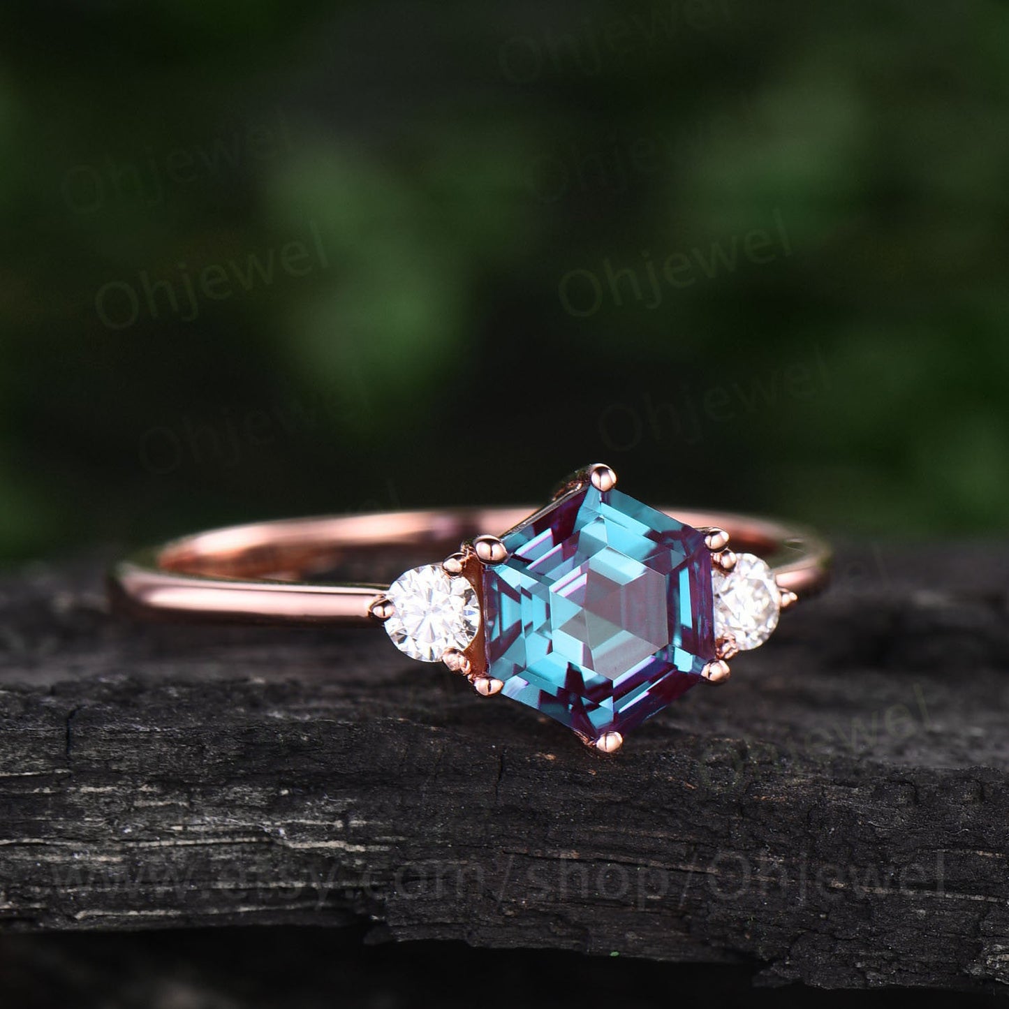 Hexagon Alexandrite ring for women vintage Alexandrite engagement ring rose gold silver three stone ring moissanite anniversary ring set
