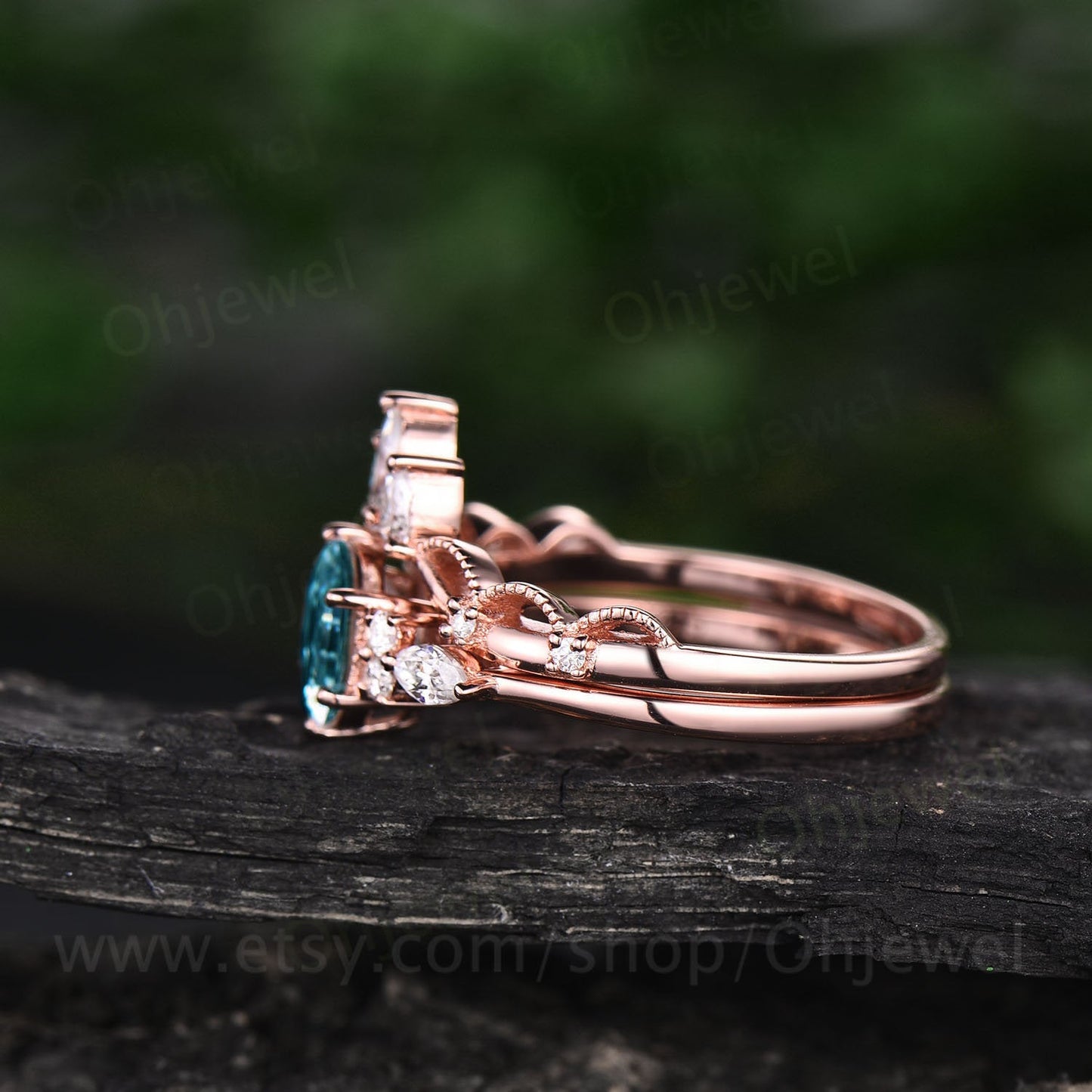 Hexagon Alexandrite engagement ring set art deco rose gold silver 7 stone ring moissanite ring set dainty custom ring bridal wedding set