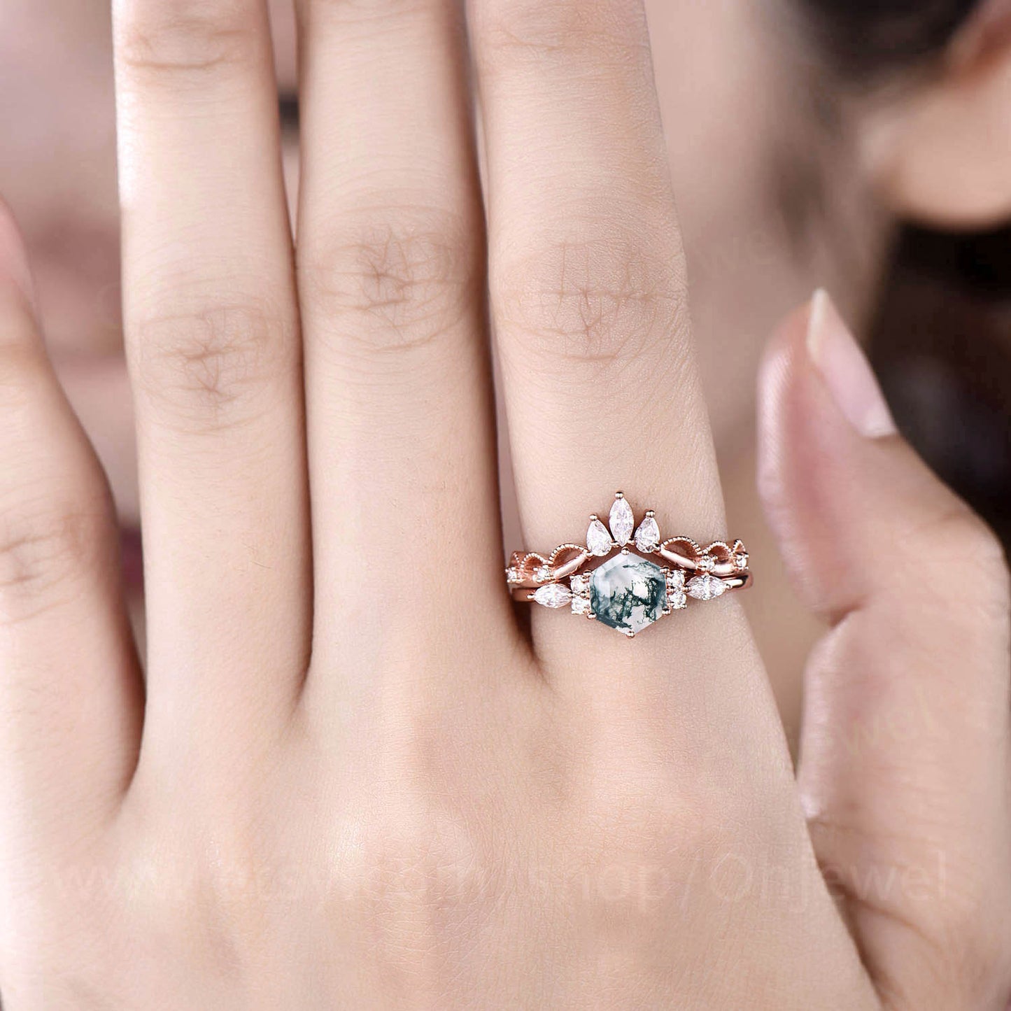 Hexagon moss agate engagement ring set art deco vintage moss agate ring rose gold silver ring dainty moissanite ring women birdal ring set