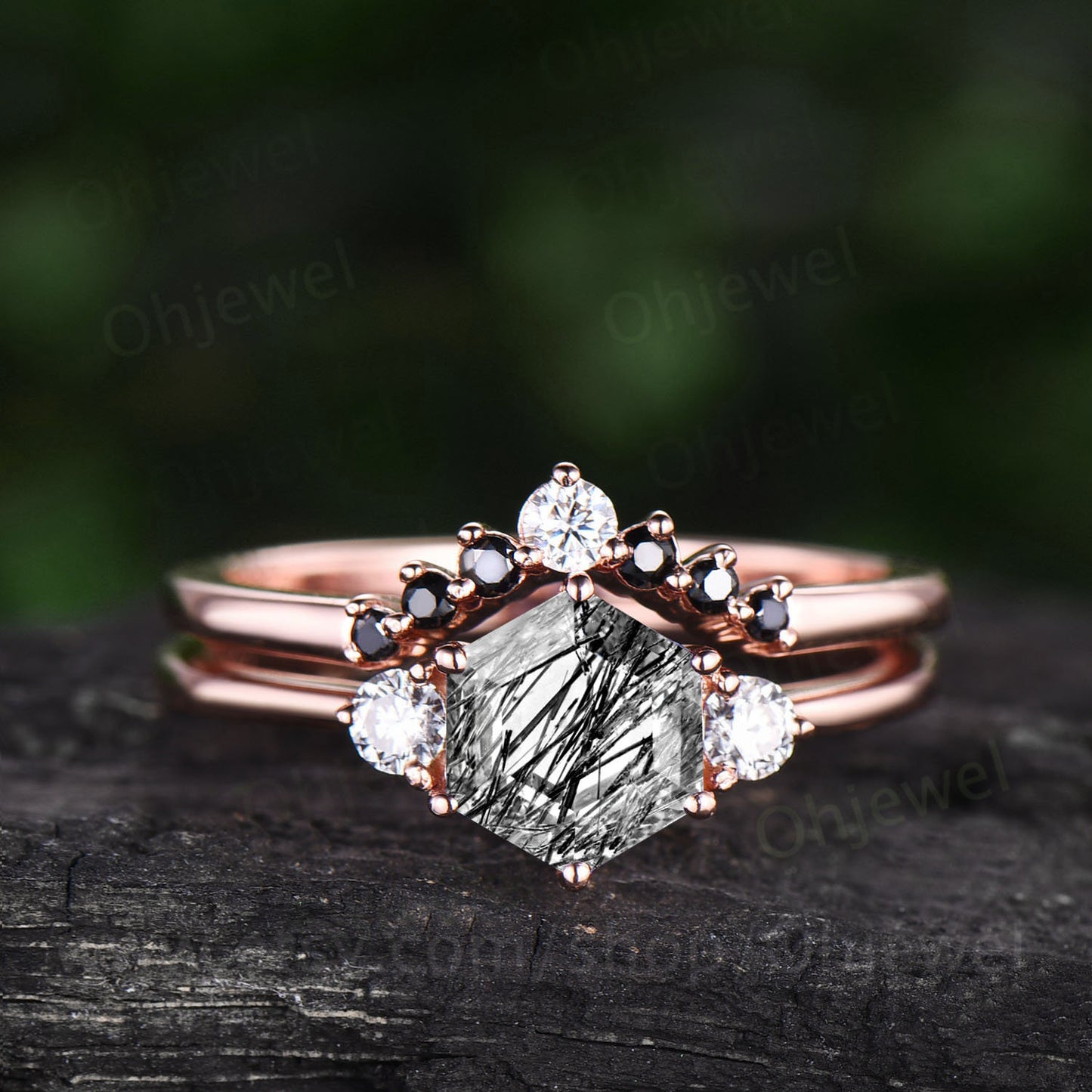 Hexagon black rutilated quartz engagement ring set three stone rose gold silver ring black diamond ring women moissanite wedding set gift