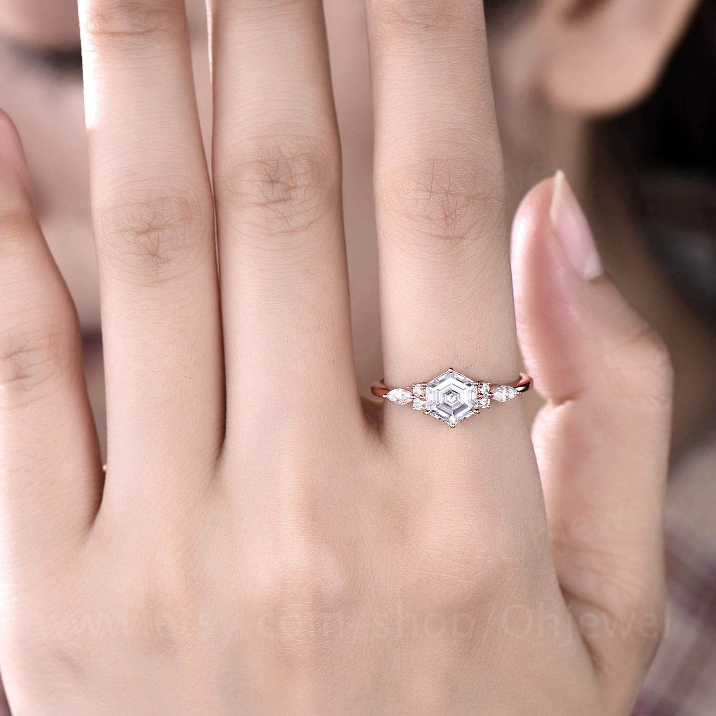 Hexagon moissanite ring for women vintage moissanite engagement ring art deco rose gold dainty ring silver six prong bridal promise ring