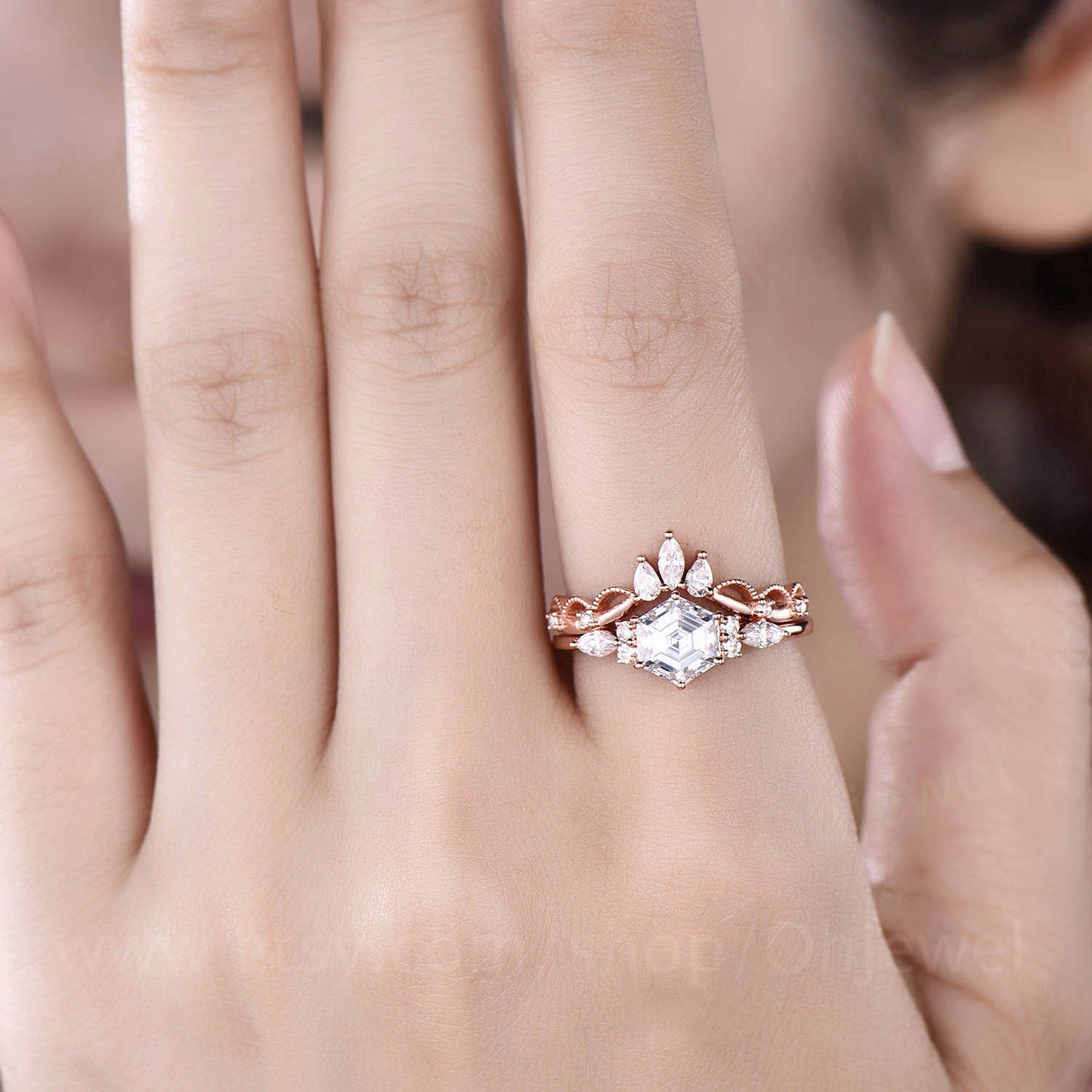 Hexagon moissanite engagement ring set art deco 7 stone rose gold marquise ring setting crown Milgrain wedding band anniversary ring set