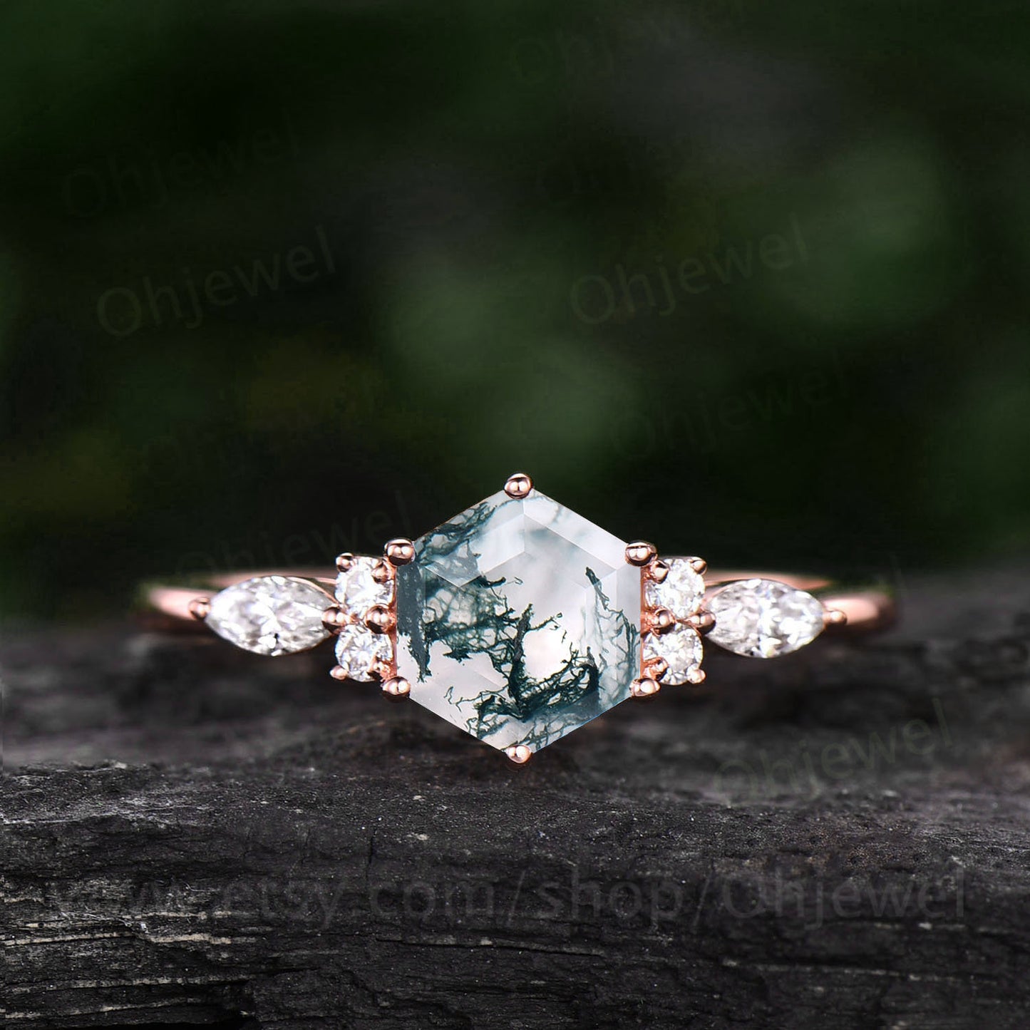 Hexagon moss agate ring dainty vintage green moss agate engagement ring art deco 7 stone moissanite ring rose gold for women promise ring