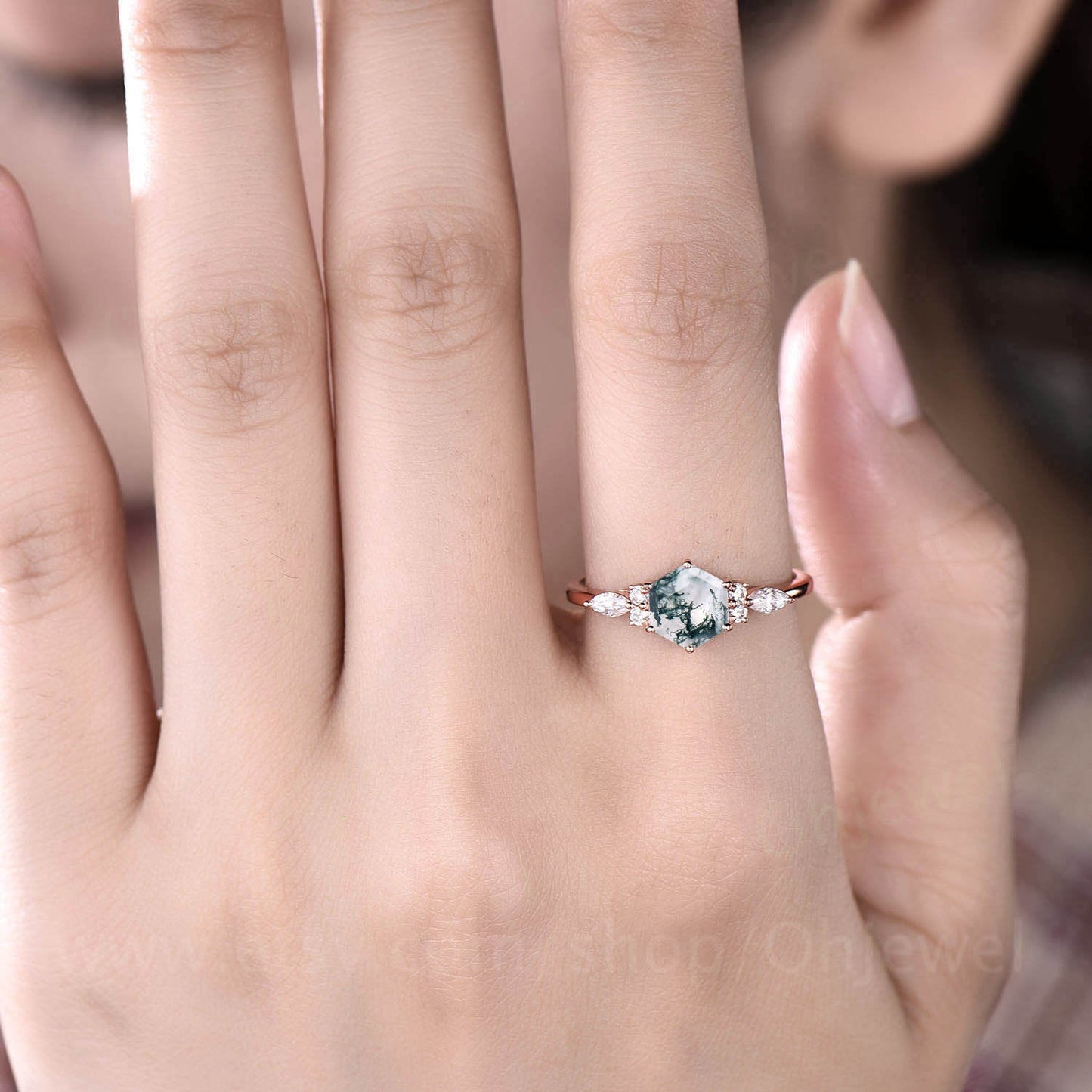 Hexagon moss agate ring dainty vintage green moss agate engagement ring art deco 7 stone moissanite ring rose gold for women promise ring