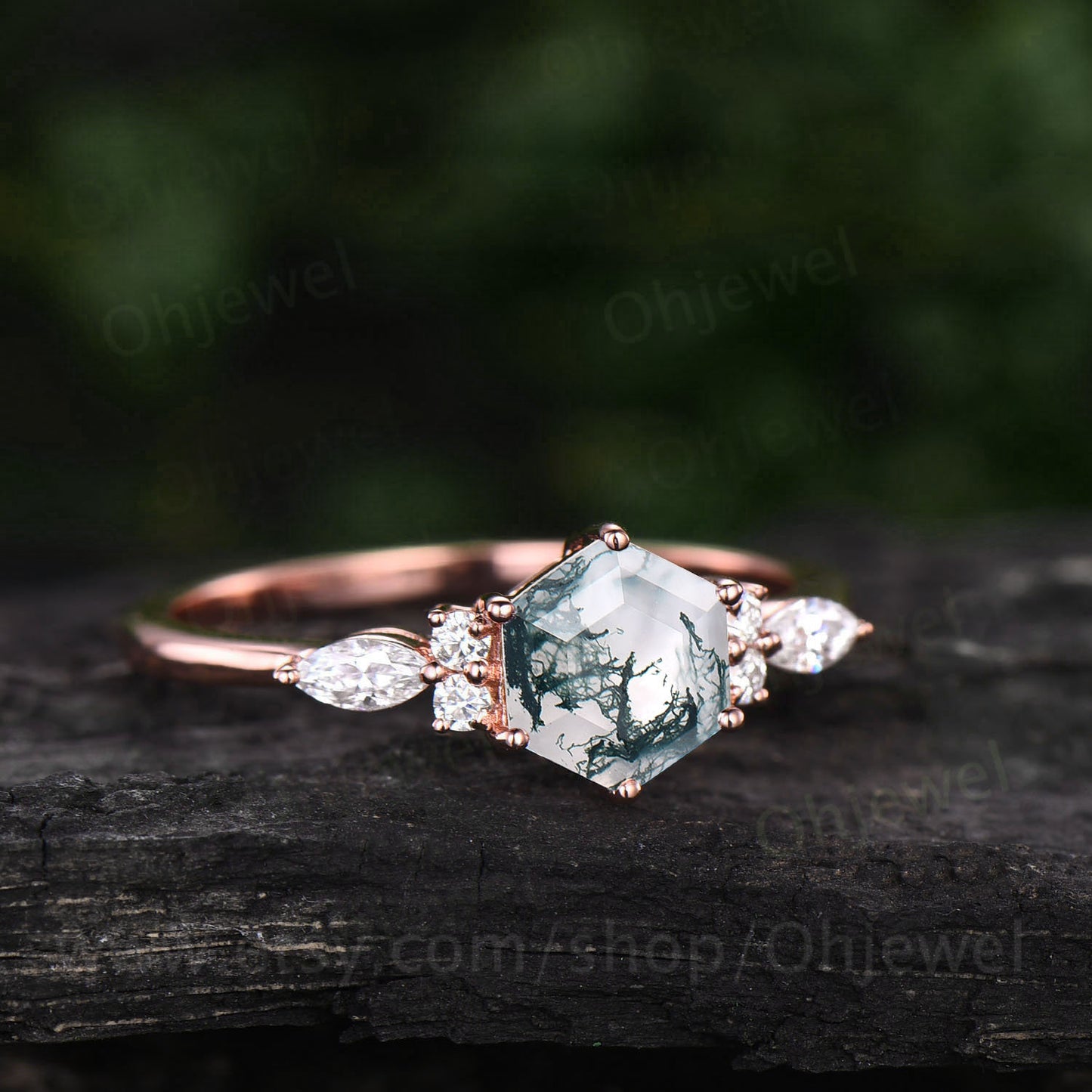 Hexagon moss agate ring dainty vintage green moss agate engagement ring art deco 7 stone moissanite ring rose gold for women promise ring