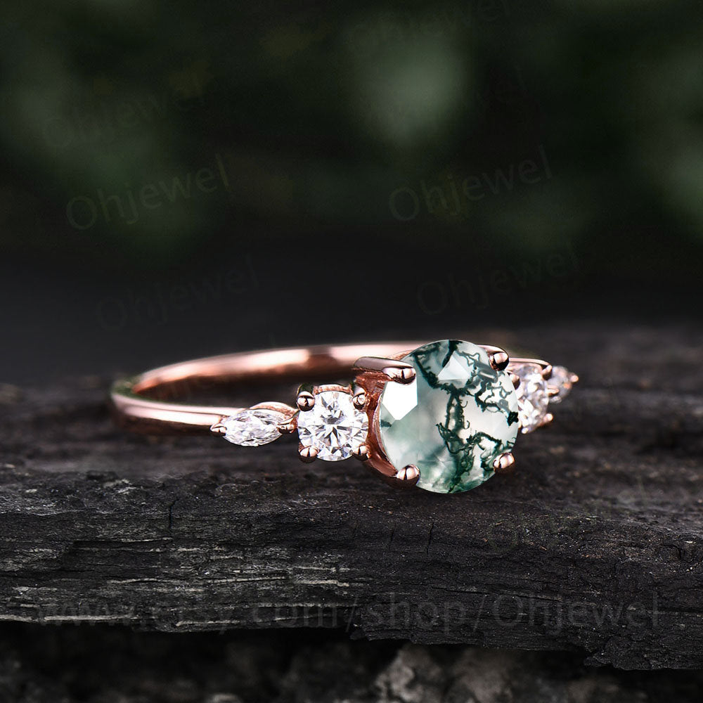 Round moss agate ring silver for women dainty vintage moss agate engagement ring art deco rose gold moissanite anniversary bridal ring gift