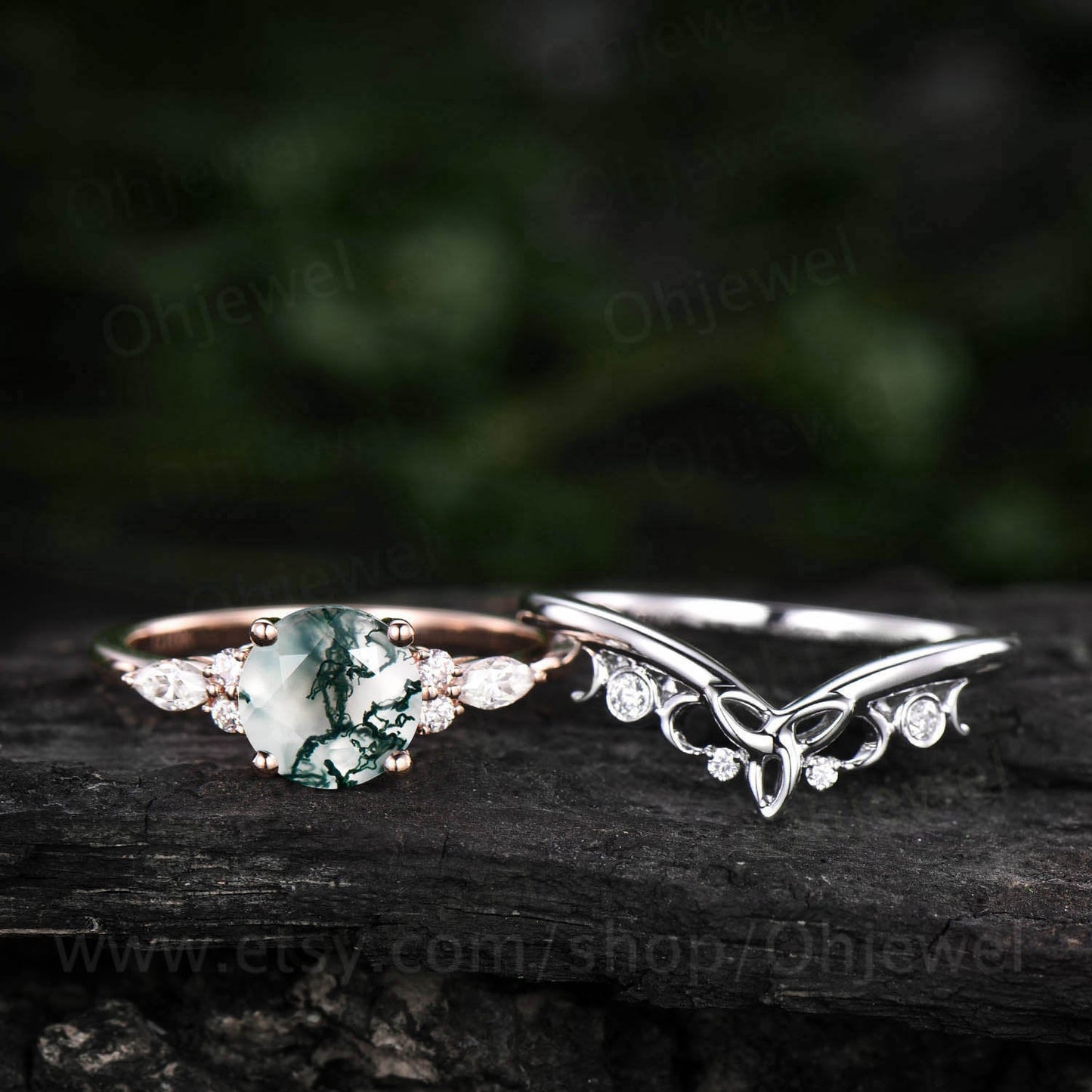 Unique wedding ring set round moss agate engagement ring set art deco vintage 7 stone rose gold silver ring cluster moissanite bridal set