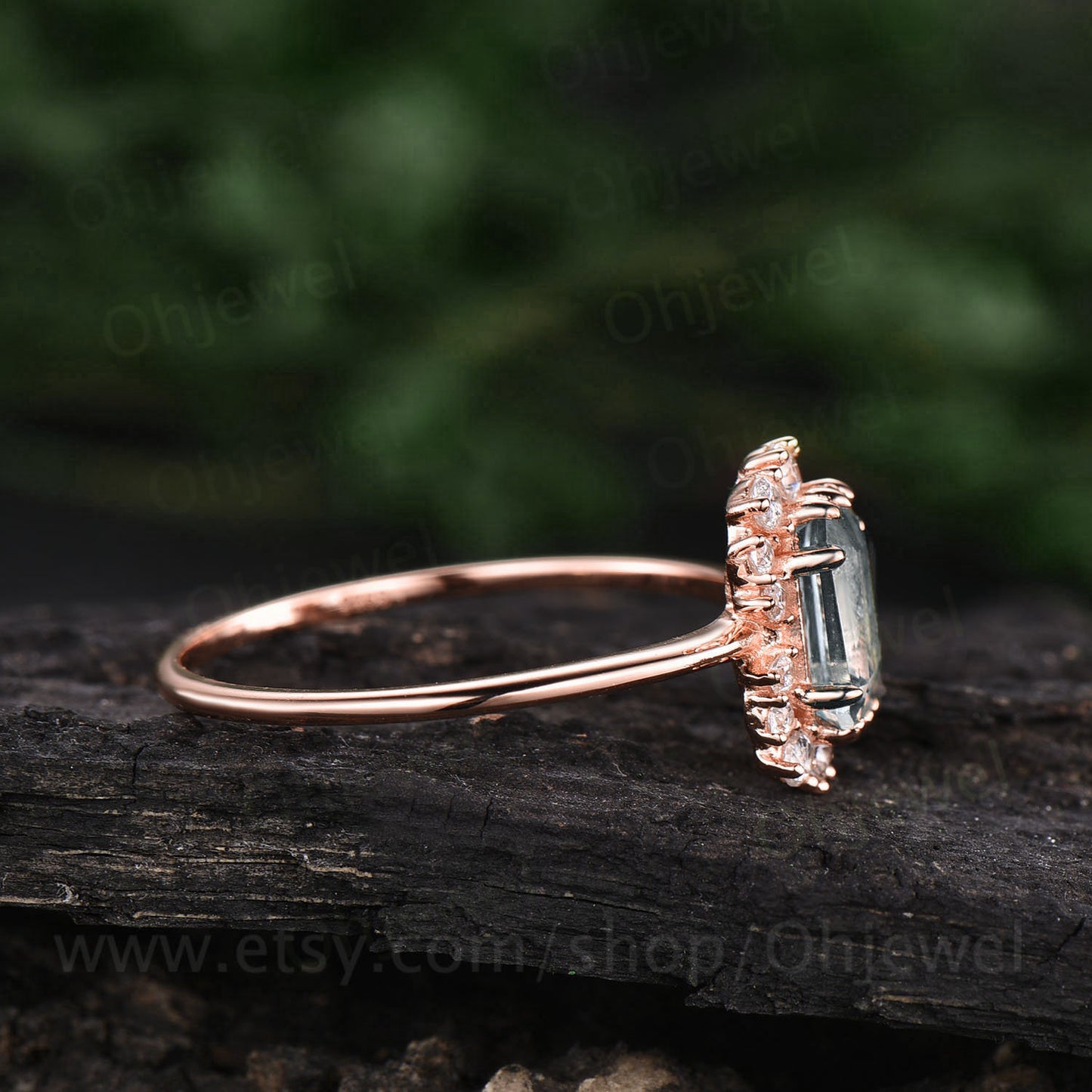 Emerald cut moonstone engagement ring rose gold vintage ring unique moissanite ring cluster halo June birthstone ring bridal wedding gift