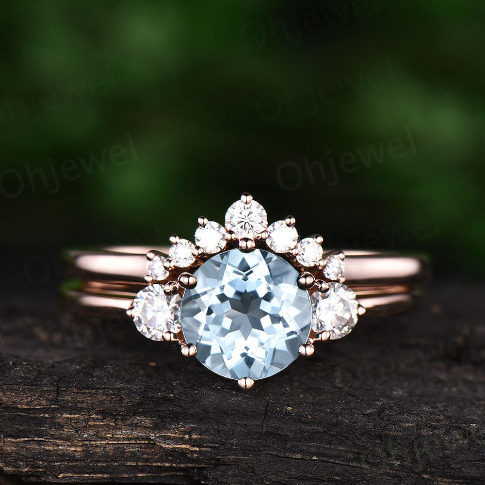 Three stone ring vintage aquamarine engagement ring set rose gold ring set women custom jewelry March birthstone ring moissanite ring set