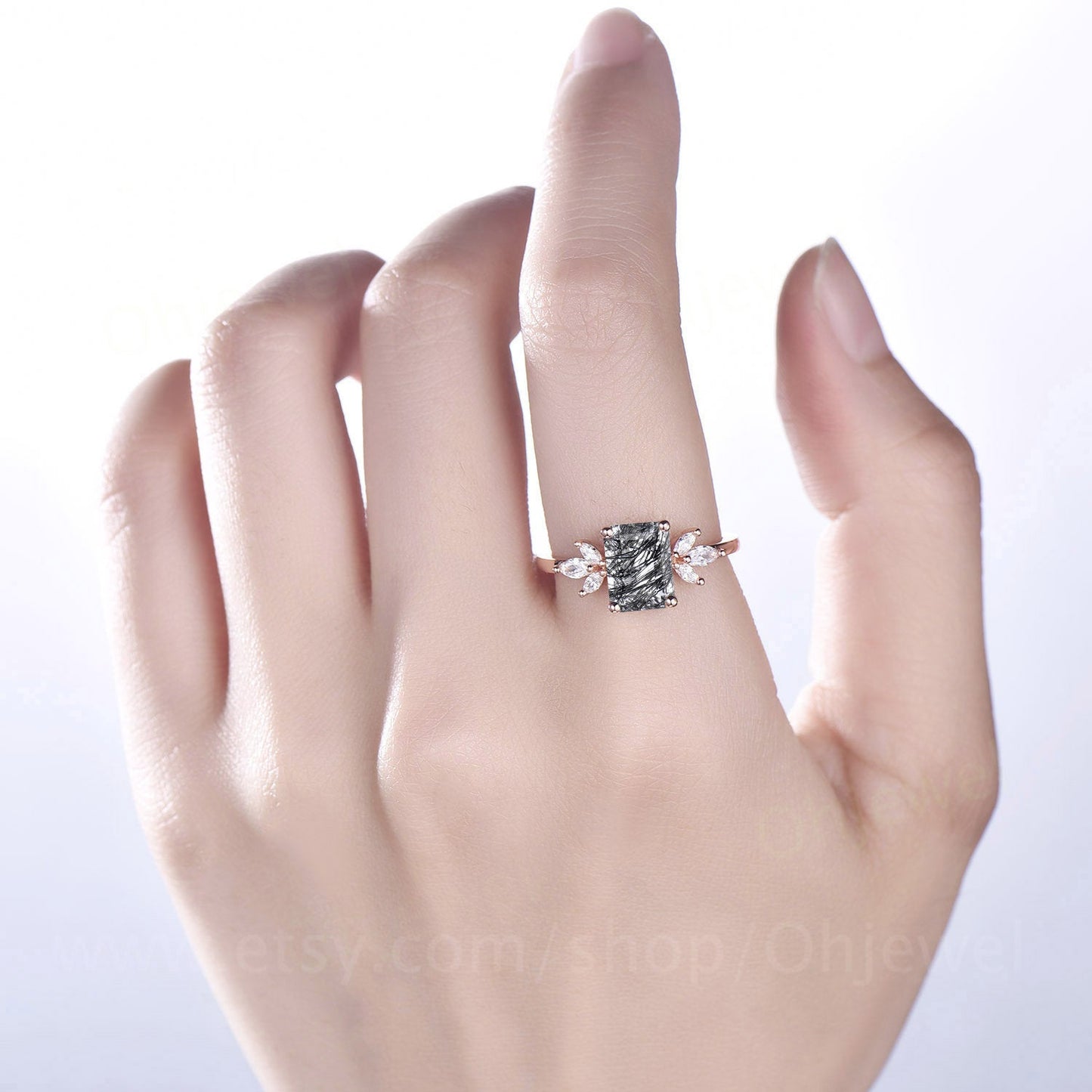 Emerald cut black quartz rutilated engagement ring vintage rose gold engagement ring 7 stone moissanite ring anniversary gift for women