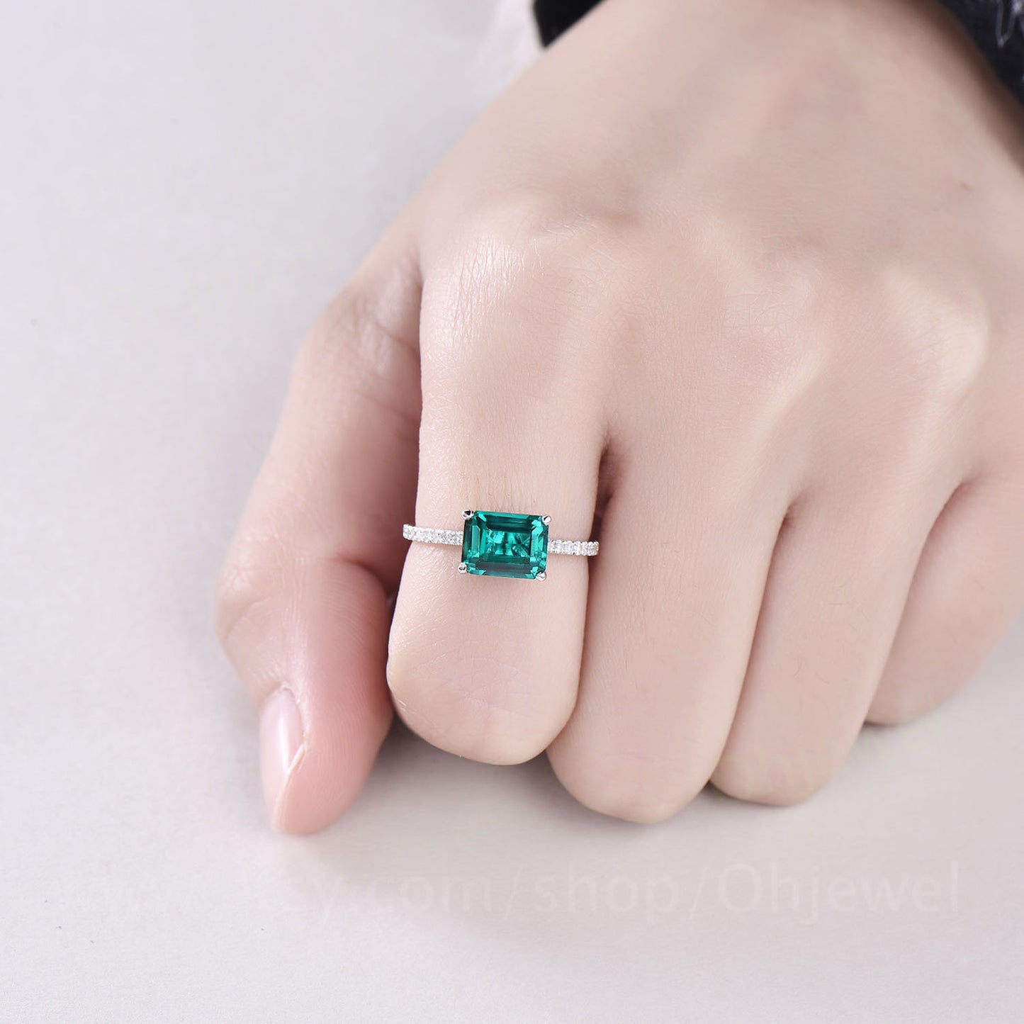 Emerald cut emerald ring for women vintage emerald engagement ring white gold unique wedding ring half eternity diamond ring promise ring