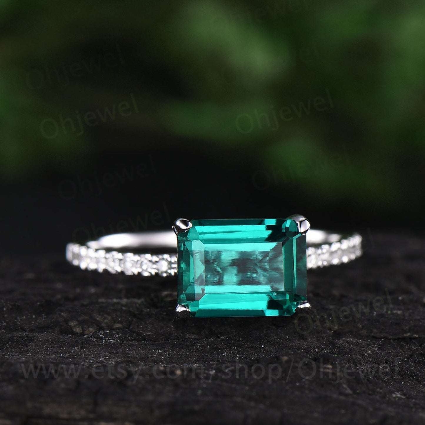 Emerald cut emerald ring for women vintage emerald engagement ring white gold unique wedding ring half eternity diamond ring promise ring