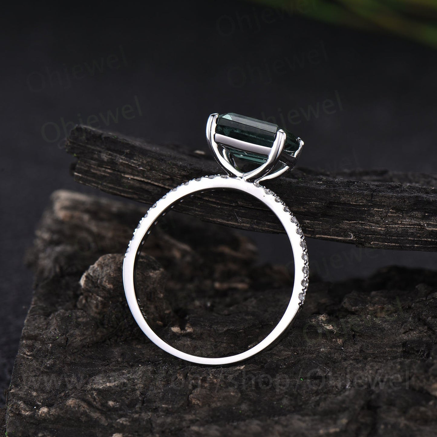 Emerald cut moss agate engagement ring vintage white gold half eternity diamond ring for women green moss ring dainty unique wedding ring
