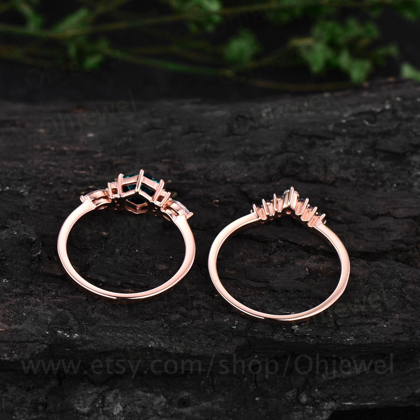 Hexagon Alexandrite ring for women vintage Alexandrite engagement ring set rose gold silver dainty ring art deco moissanite wedding ring set