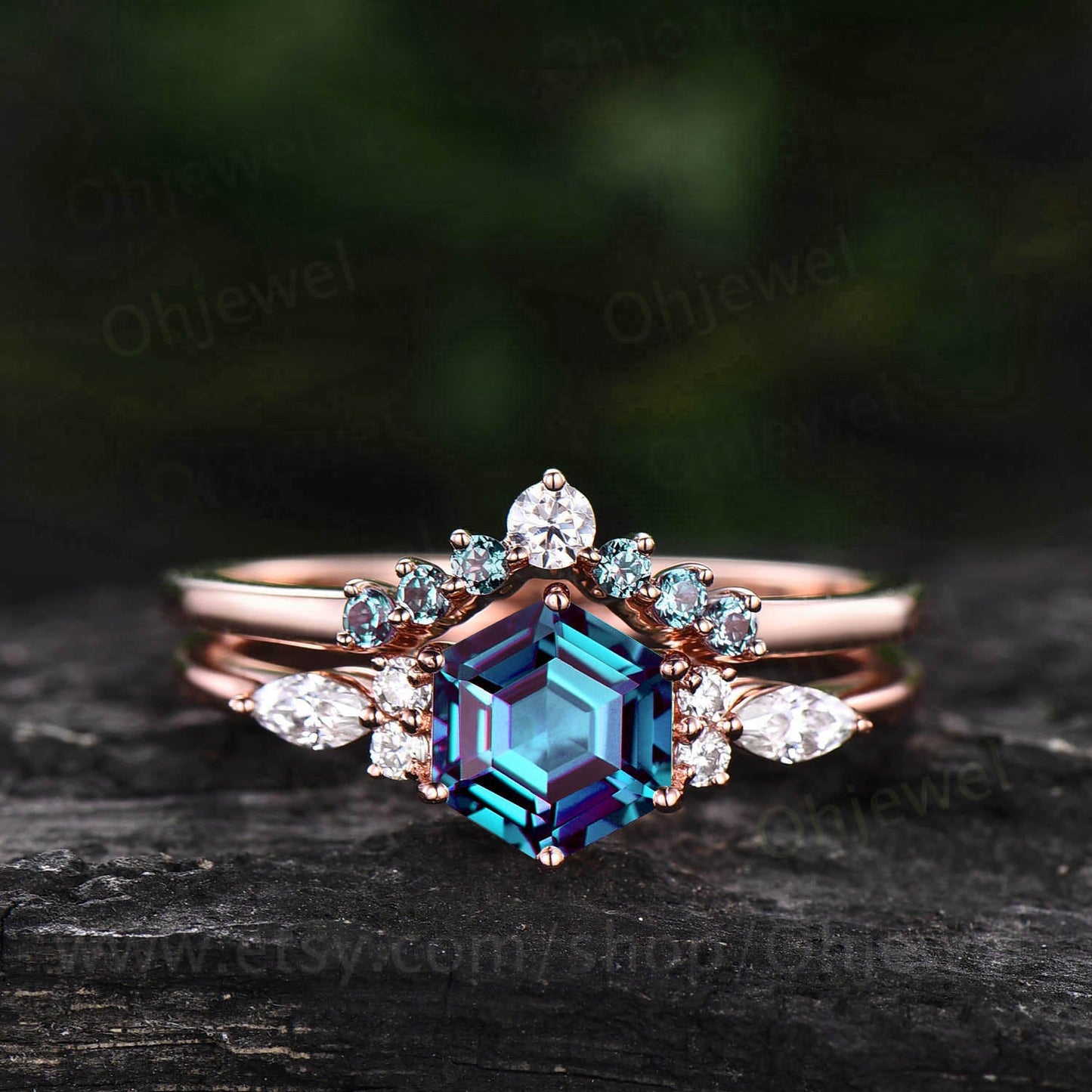 Hexagon Alexandrite ring for women vintage Alexandrite engagement ring set rose gold silver dainty ring art deco moissanite wedding ring set