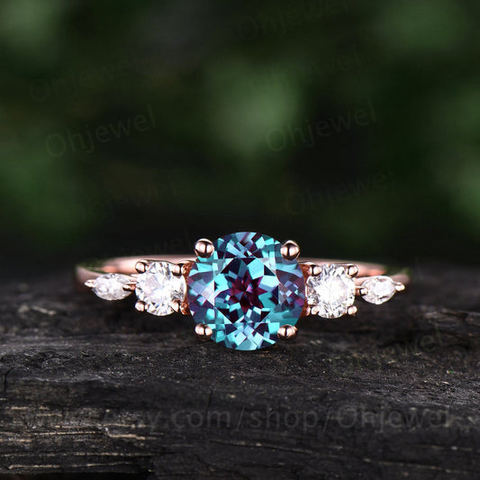 Color change Alexandrite ring gold silver vintage Alexandrite engagement ring rose gold art deco moissanite ring promise wedding bridal ring