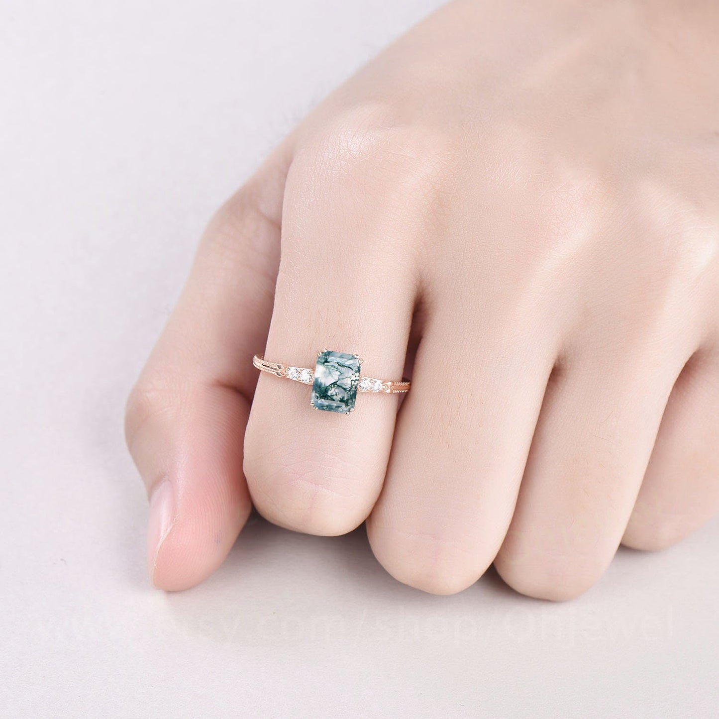 Green Moss Agate Ring 6x8 Emerald Cut Moss Agate Ring Unique Moss Agate Engagement Ring 5 Stone Diamond Ring Gold Sterling Silver Antique