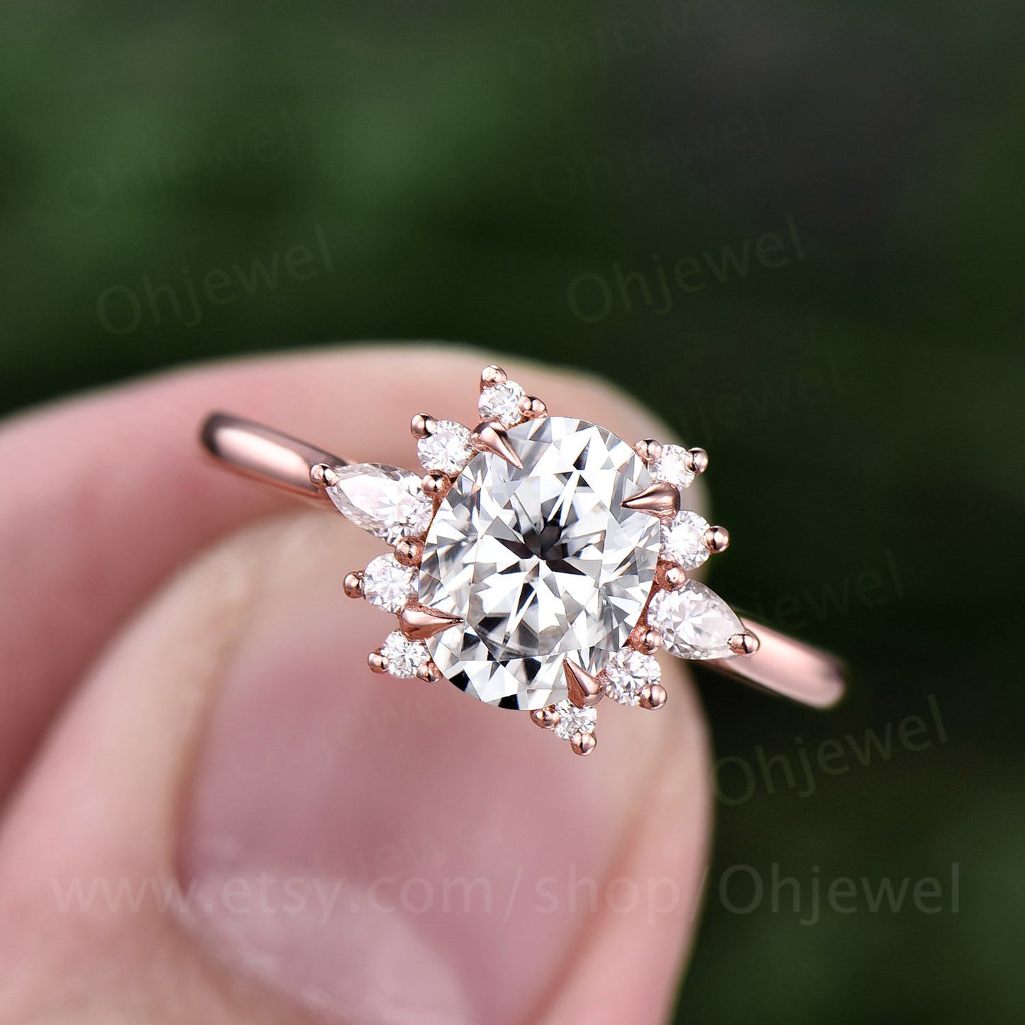 Cluster unique halo vintage moissanite engagement ring oval cut rose gold silver ring for women dainty custom ring bridal anniversary gift