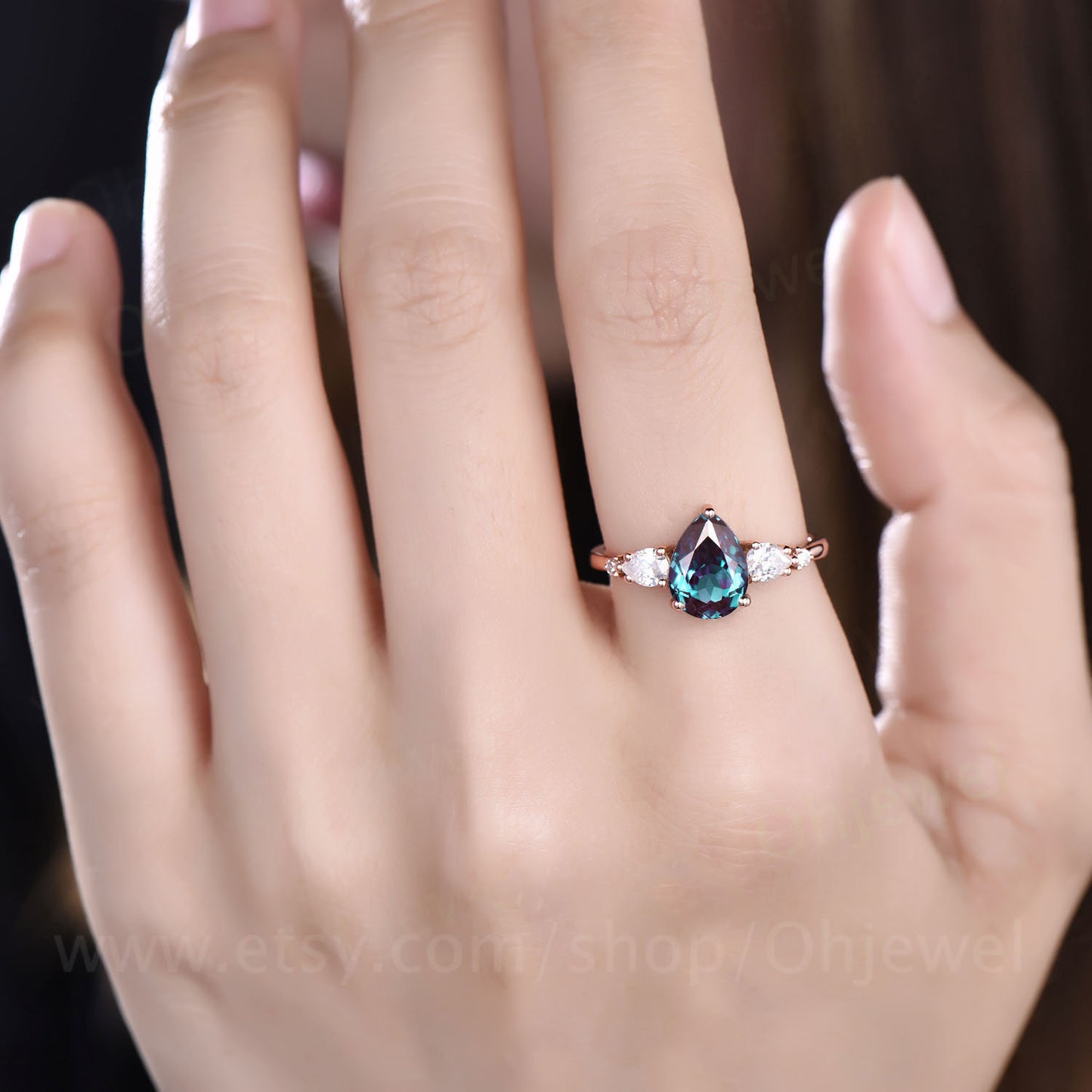 Alexandrite ring gold silver women vintage Alexandrite engagement ring rose gold five stone pear shaped bridal ring moissanite ring band
