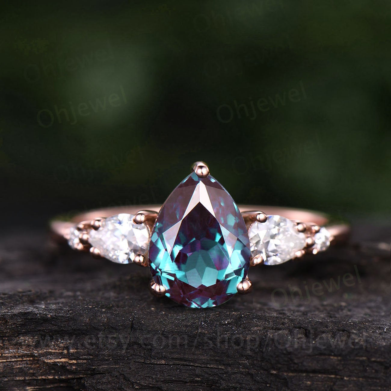 Alexandrite ring gold silver women vintage Alexandrite engagement ring rose gold five stone pear shaped bridal ring moissanite ring band