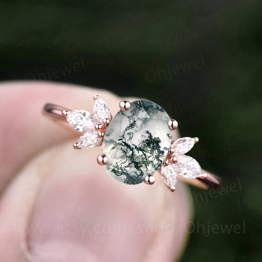 Oval cut moss agate engagement ring vintage rose gold green moss ring organic stone 7 stone ring marquise moissanite ring dainty jewelry