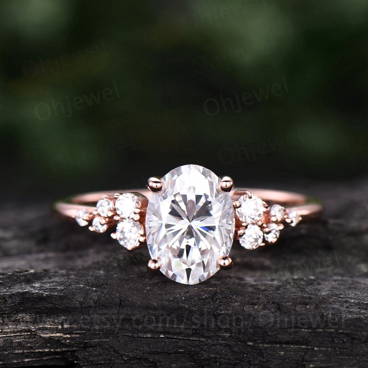 Vintage oval cut moissanite engagement ring 14k rose gold dainty cluster snowdrift unique engagement ring anniversary wedding ring for women