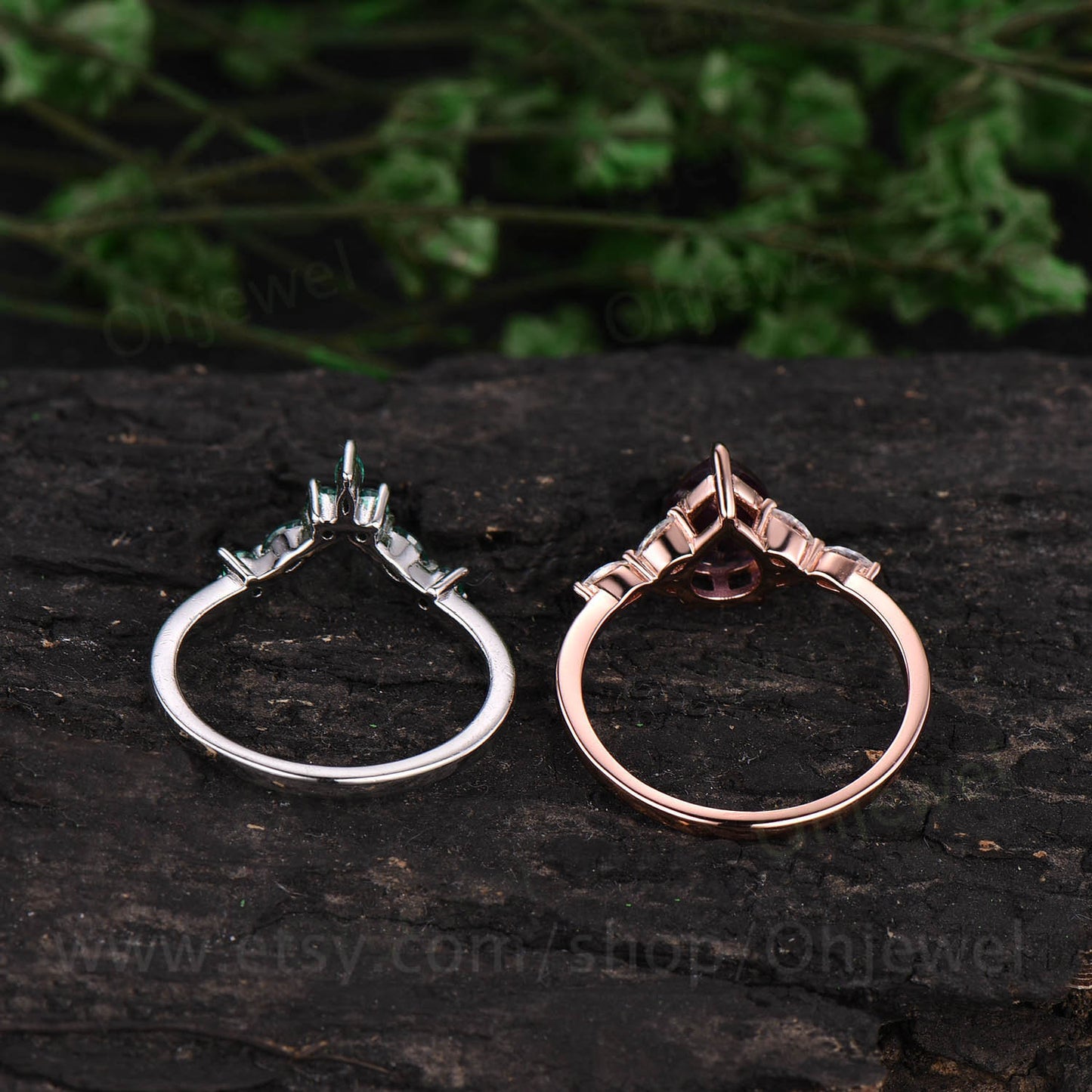 Pear moss agate ring set for women art deco vintage moss agate engagement ring set rose gold silver marquise emerald moissanite ring set