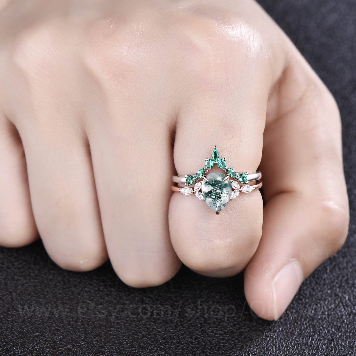 Pear moss agate ring set for women art deco vintage moss agate engagement ring set rose gold silver marquise emerald moissanite ring set