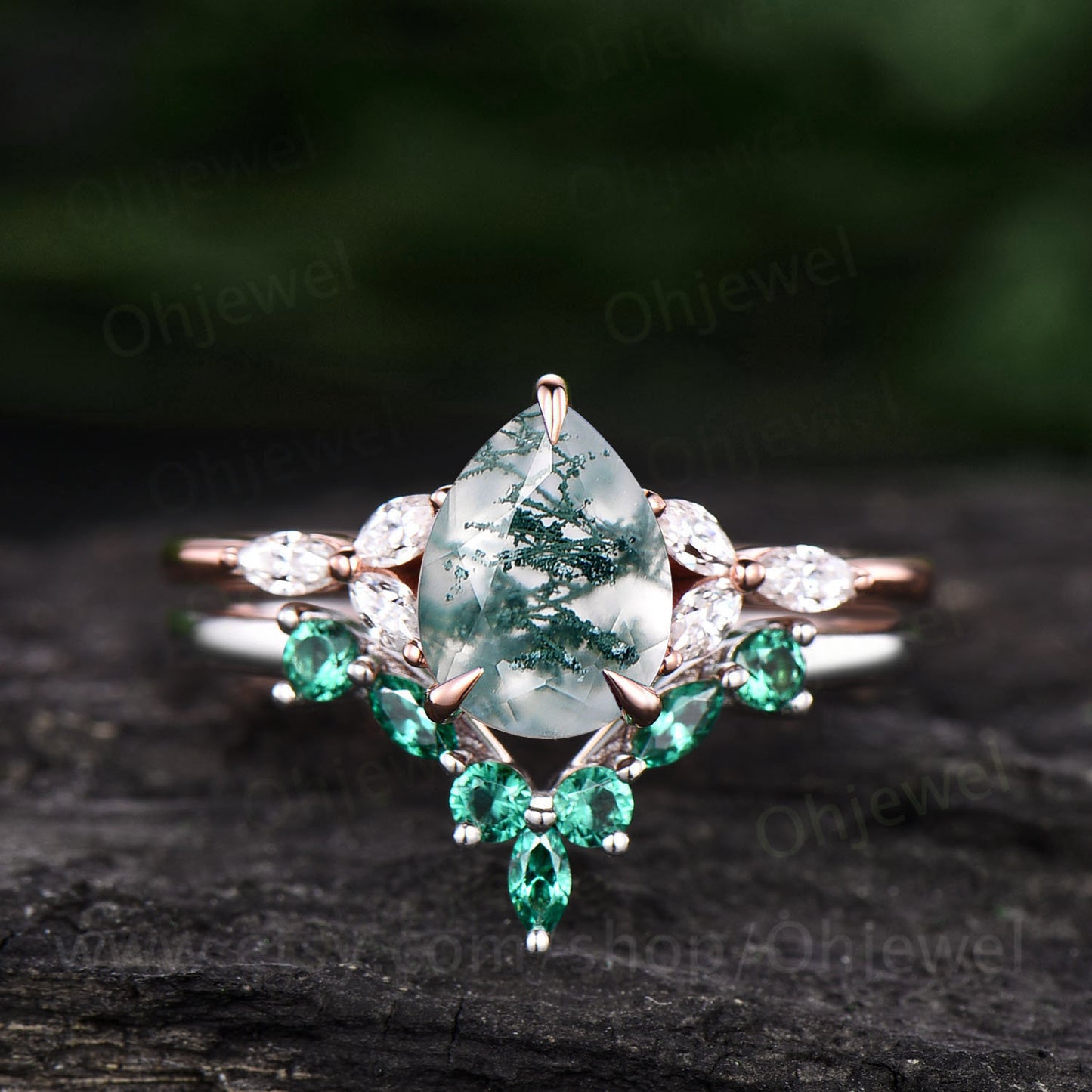 Pear moss agate ring set for women art deco vintage moss agate engagement ring set rose gold silver marquise emerald moissanite ring set