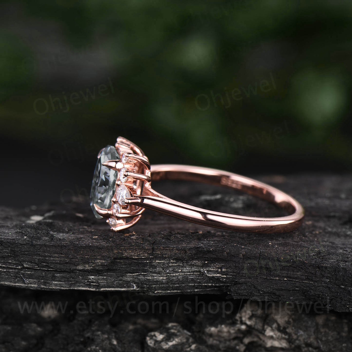 Cluster unique halo vintage style green moss agate engagement ring rose gold silver ring oval cut bridal ring custom ring women her gift