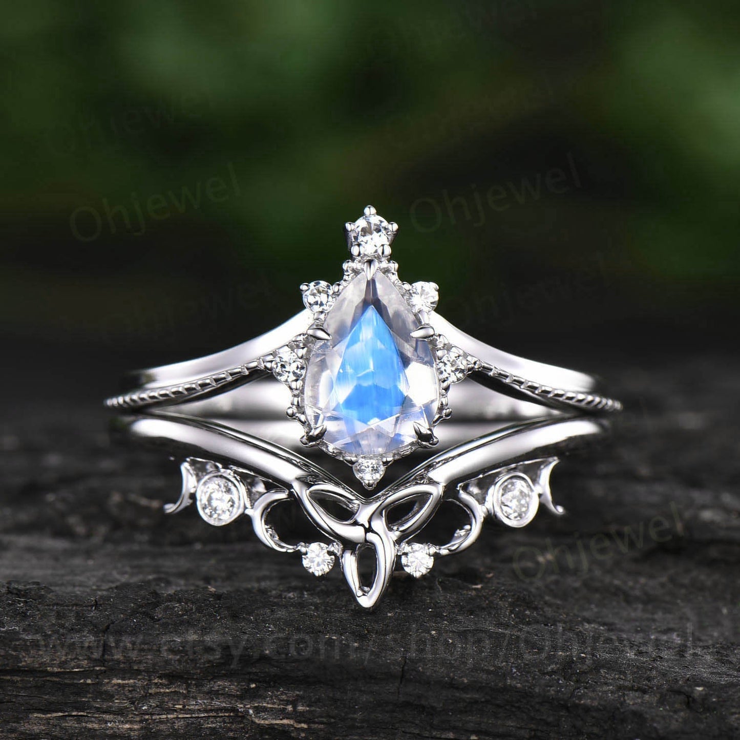 Pear moonstone engagement ring set white gold vintage moonstone ring sterling silver moissanite ring for women Milgrain Norse Viking ring