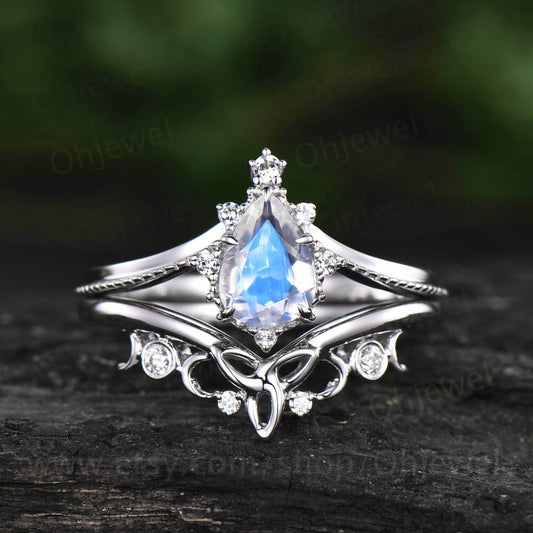 Pear moonstone engagement ring set white gold vintage moonstone ring sterling silver moissanite ring for women Milgrain Norse Viking ring