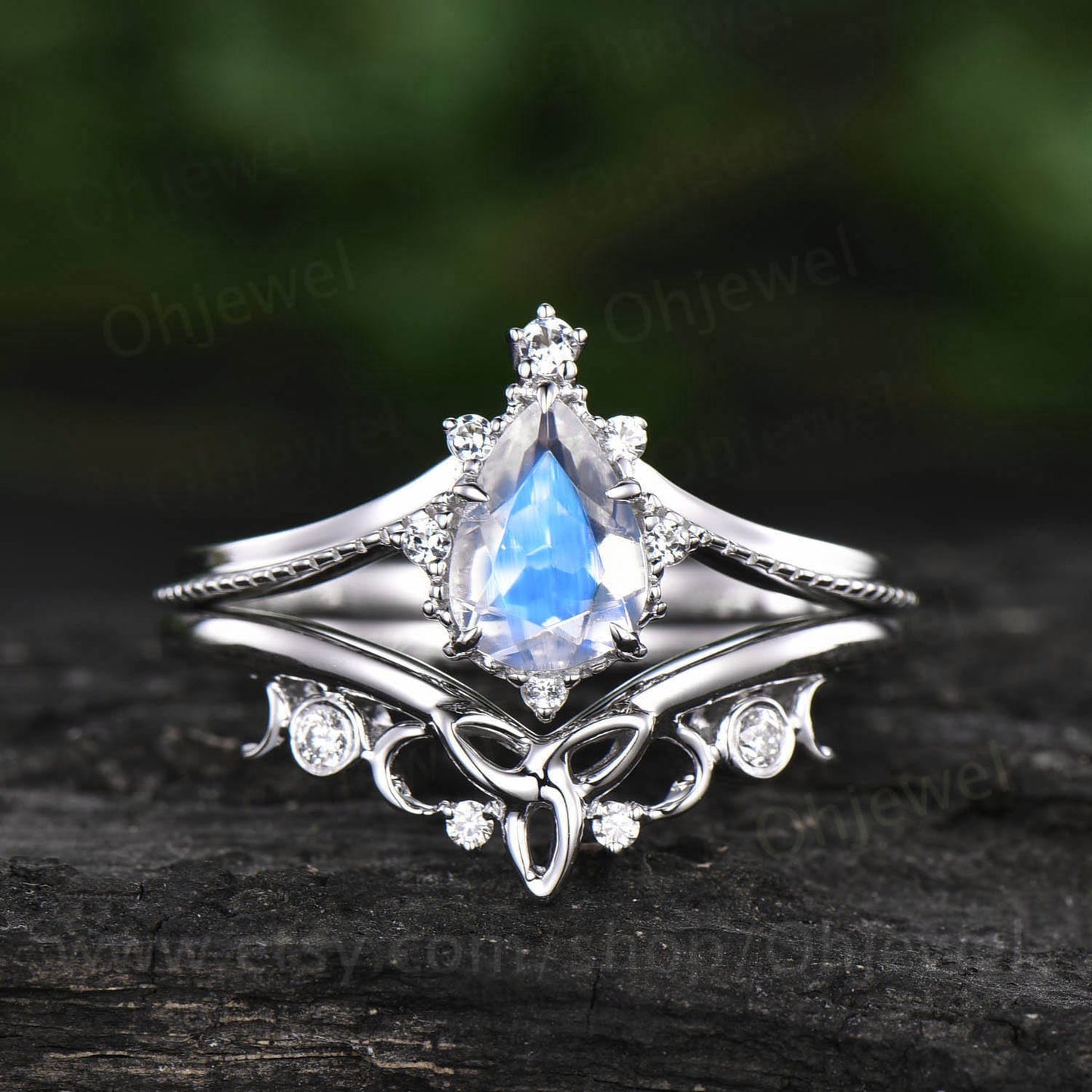 Pear shaped moonstone engagement ring set 14k white gold unique vintage engagement ring moissanite ring for women Norse Viking ring jewelry