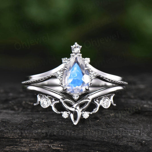 Pear shaped moonstone engagement ring set 14k white gold unique vintage engagement ring moissanite ring for women Norse Viking ring jewelry
