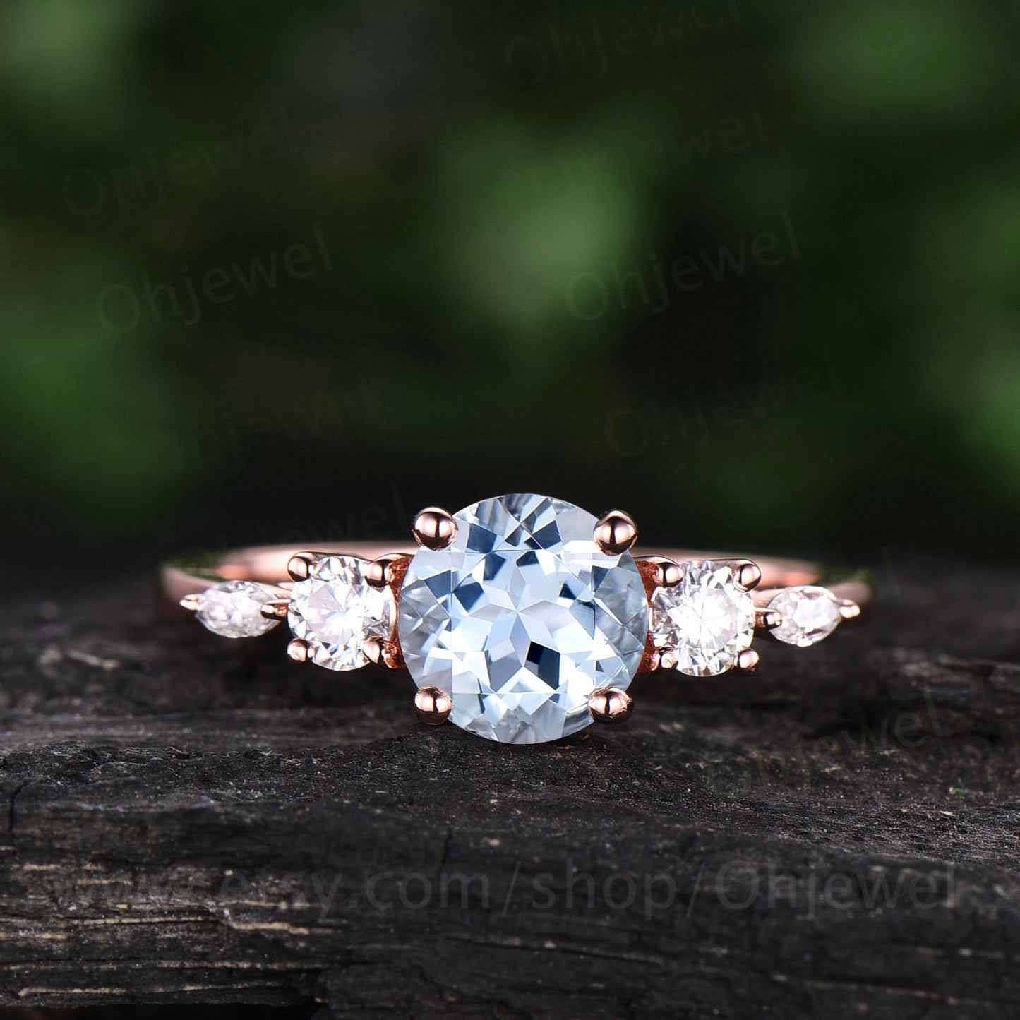 1ct round Aquamarine engagement ring five stone art deco rose gold silver ring women marquise custom ring dainty March birthstone ring gift