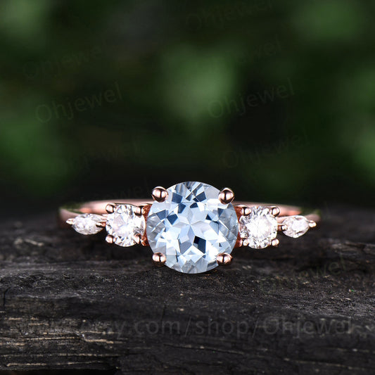 1ct round Aquamarine engagement ring five stone art deco rose gold silver ring women marquise custom ring dainty March birthstone ring gift