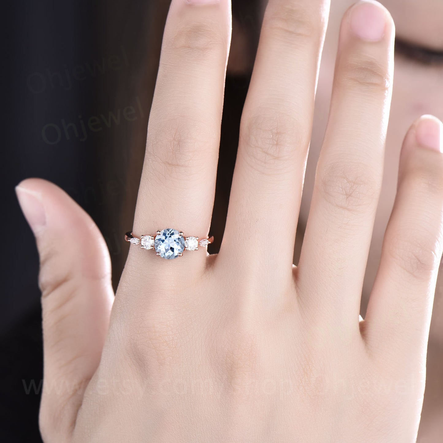 1ct round Aquamarine engagement ring five stone art deco rose gold silver ring women marquise custom ring dainty March birthstone ring gift