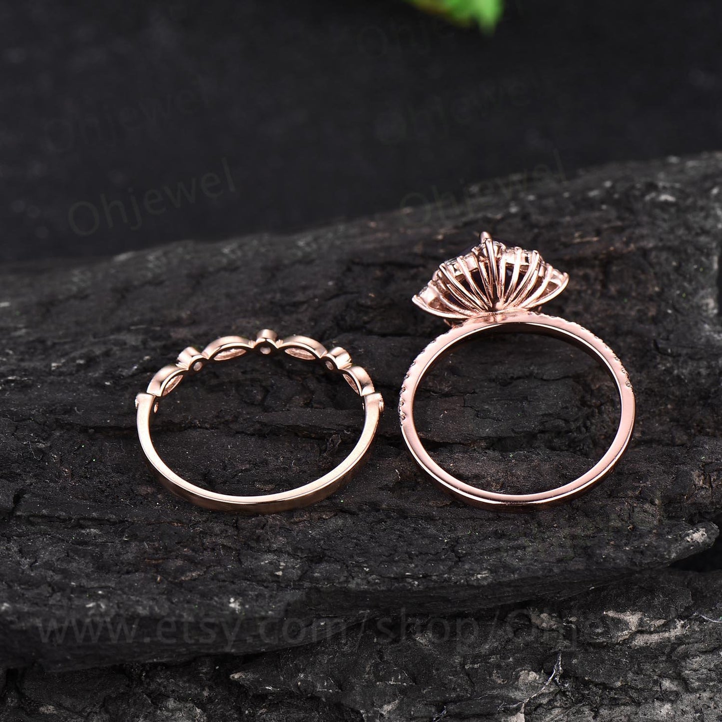 Halo unique vintage style cushion cut alexandrite engagement ring set rose gold marquise ring setting Milgrain diamond wedding ring set band