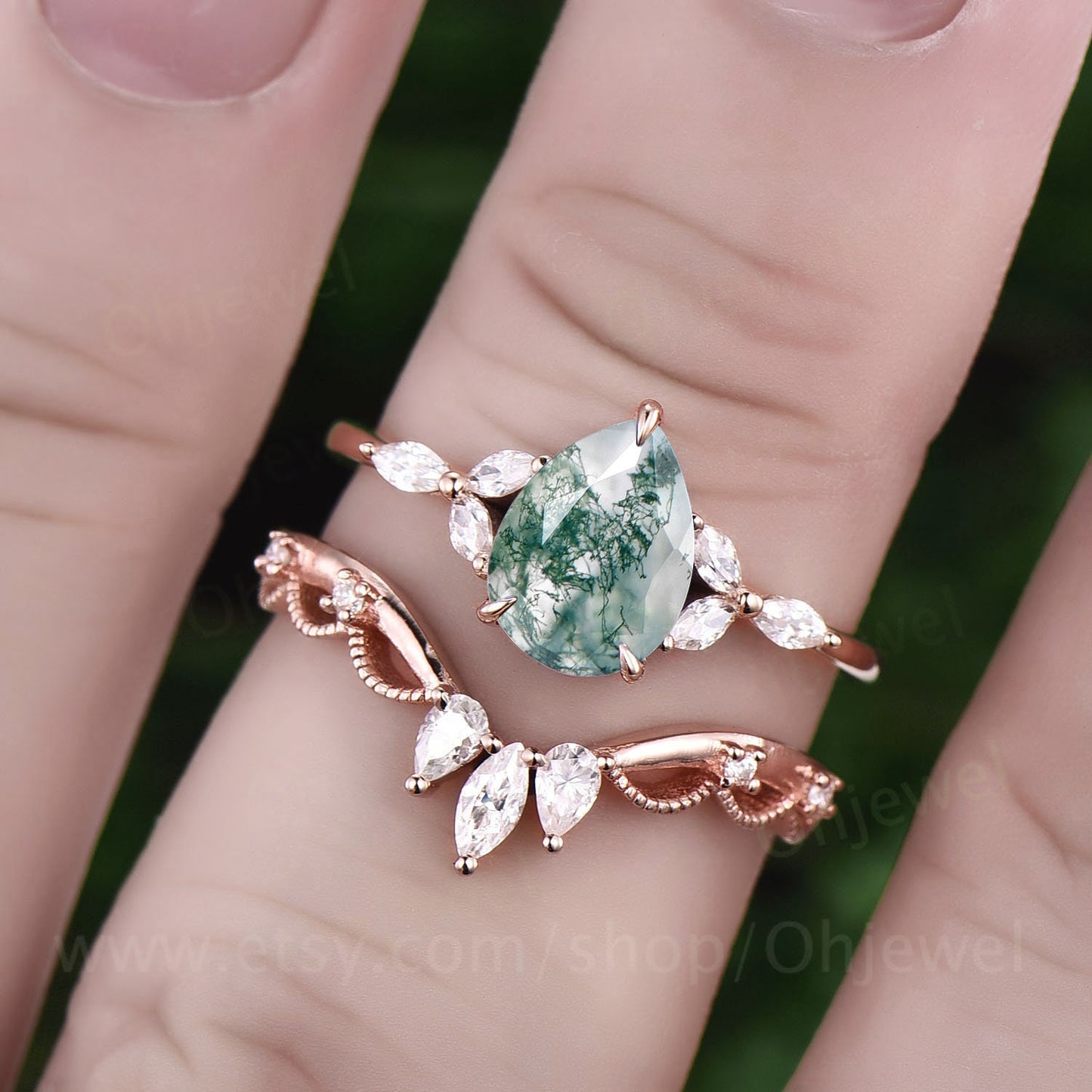 Vintage pear shaped moss agate engagement ring set rose gold art deco crown milgrain marquise cut moissanite ring for women wedding ring set