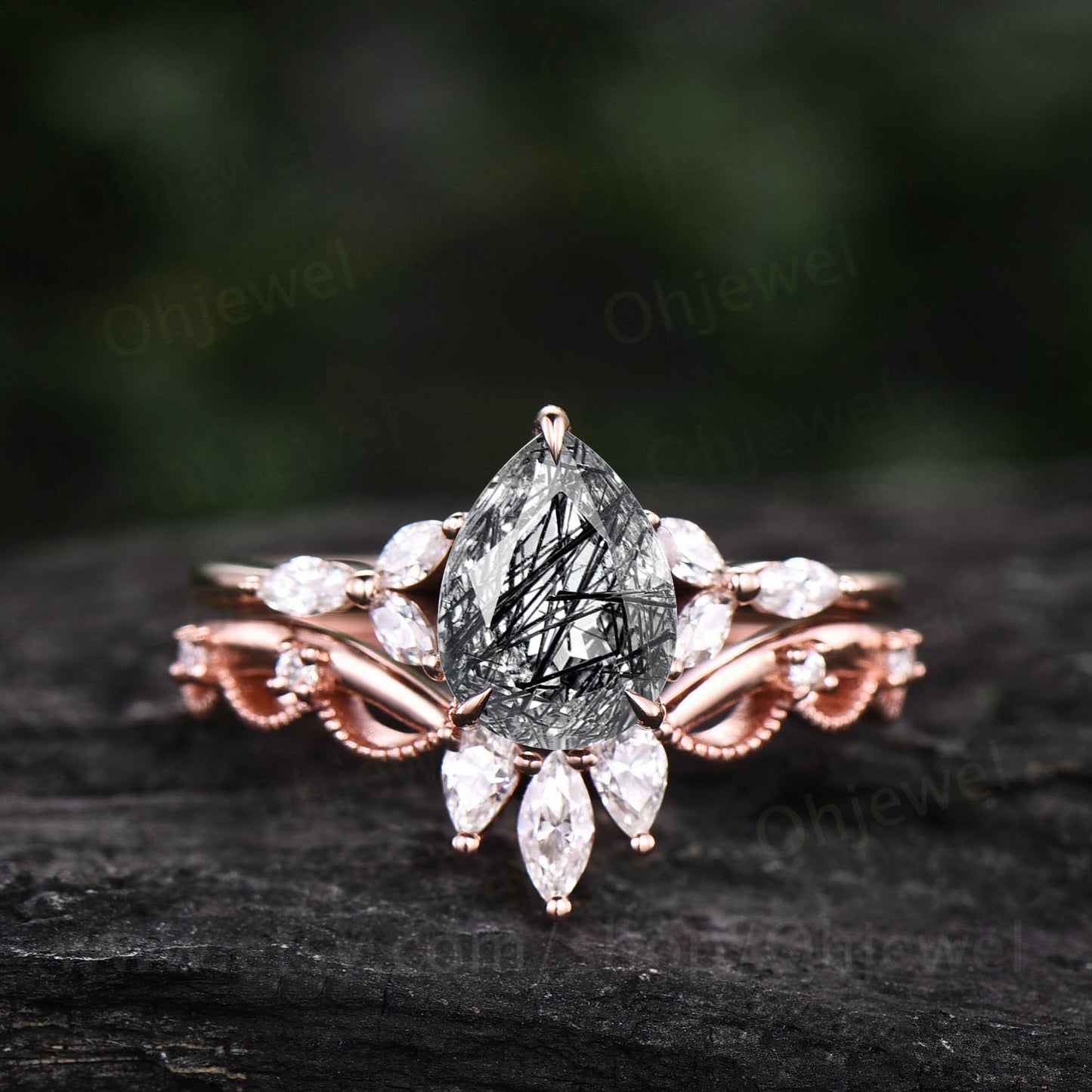 Pear black rutilated quartz engagement ring set rose gold silver ring art deco crown Milgrain dainty ring jewelry unique wedding ring set