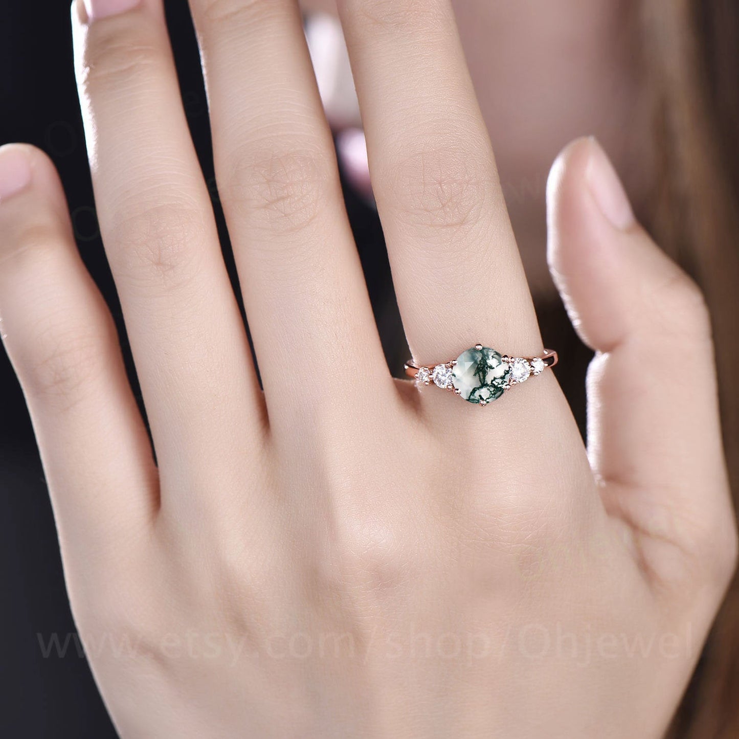 Round moss agate ring for women unique vintage moss agate engagement ring five stone rose gold moissanite ring custom ring dainty promise