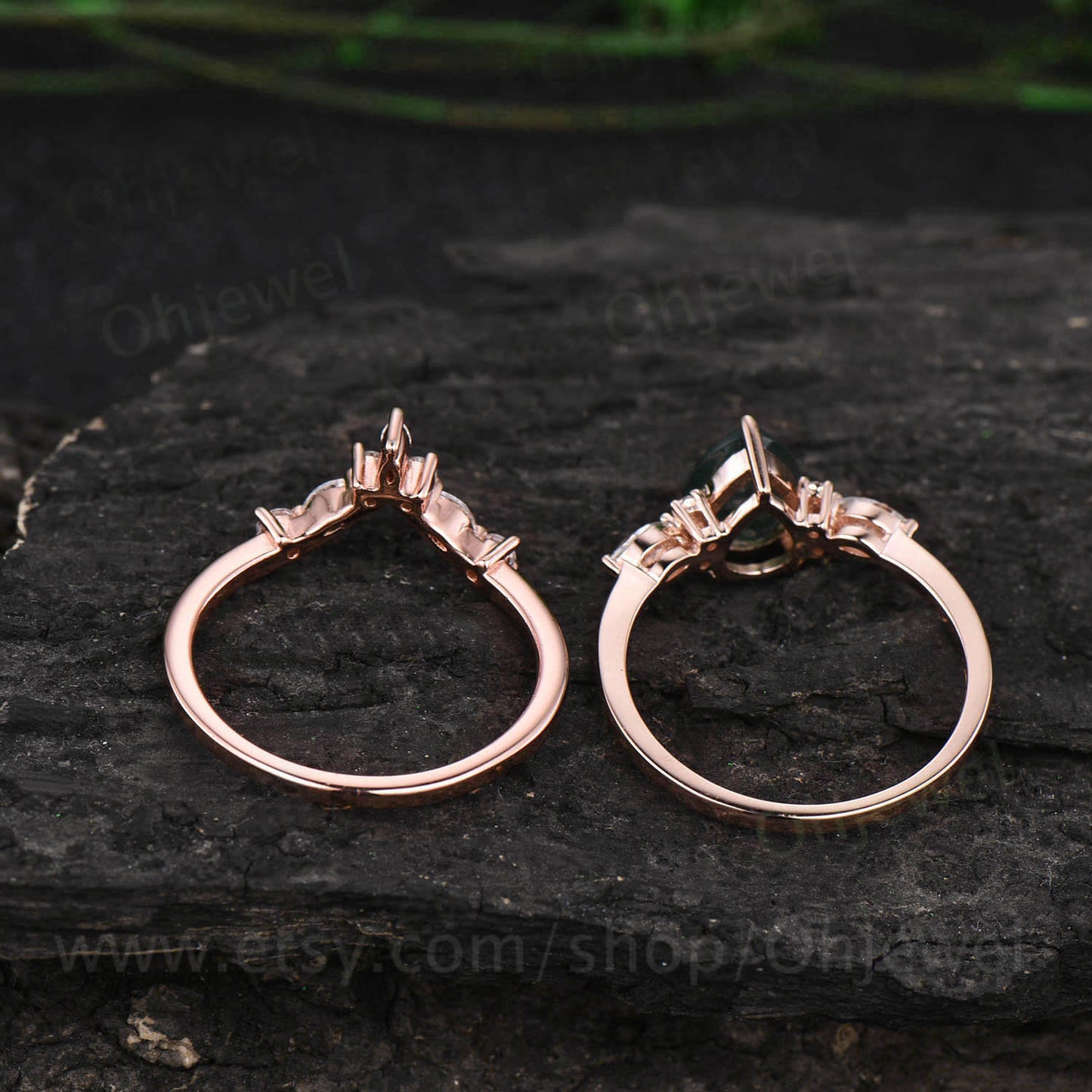Pear shaped emerald ring gold silver vintage emerald engagement ring set art deco rose gold ring women unique moissanite promise ring set