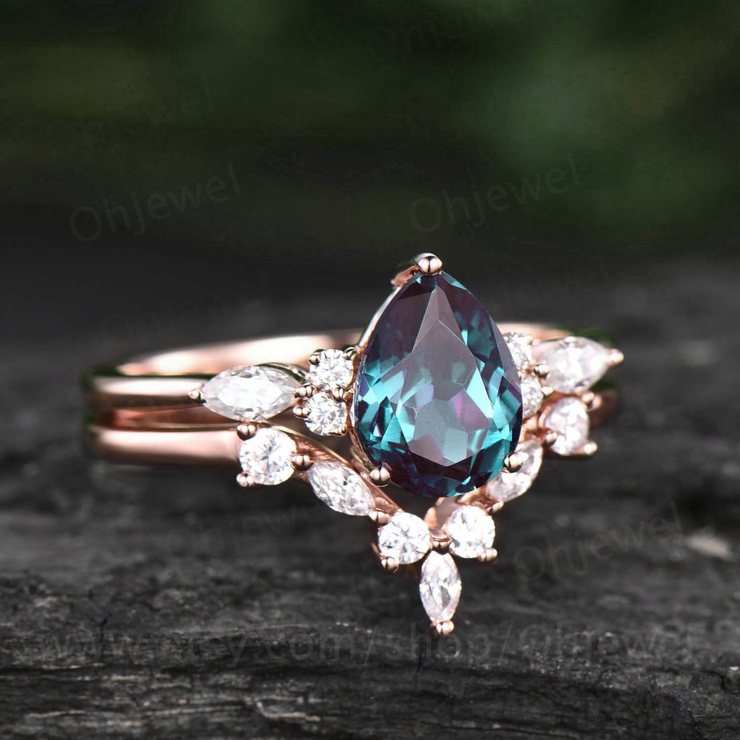 Art deco Alexandrite engagement ring set vintage rose gold ring moissanite ring silver dainty custom ring women unique bridal ring set gift