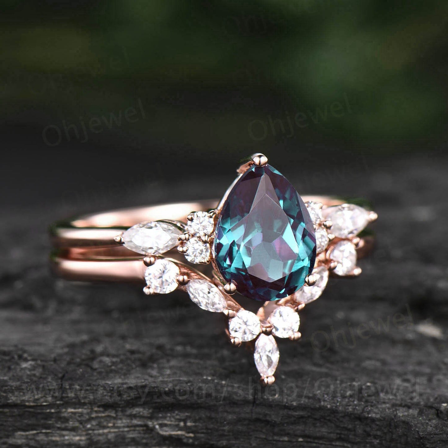 Unique pear shaped Alexandrite engagement ring set art deco vintage 14k rose gold marquise moissanite ring for women silver wedding ring set