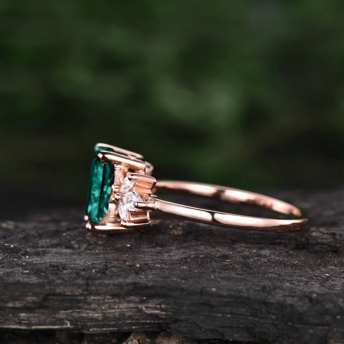 Emerald cut emerald engagement ring 7 stone rose gold silver ring marquise ring setting unique moissanite ring for women dainty wedding ring
