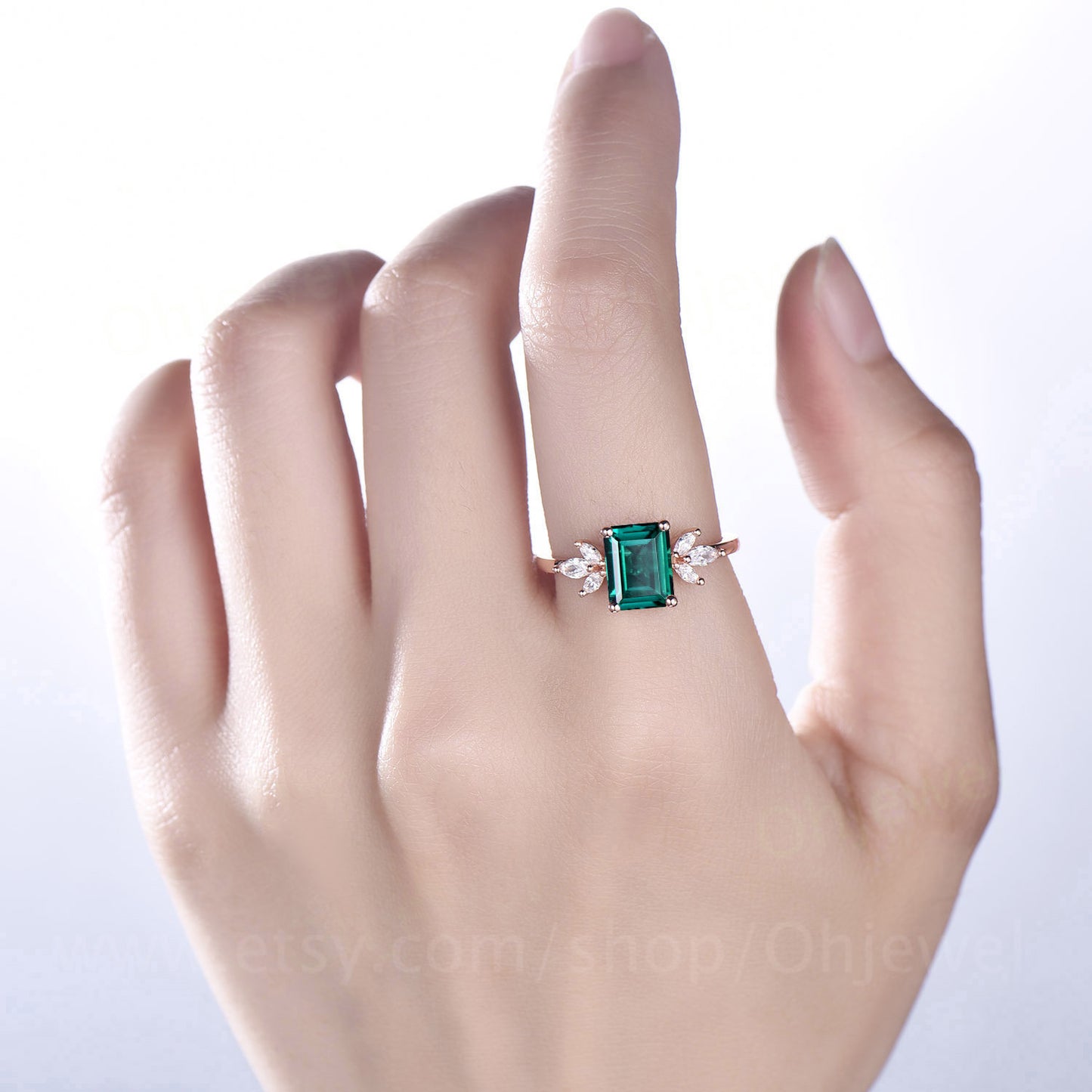 Emerald cut emerald engagement ring 7 stone rose gold silver ring marquise ring setting unique moissanite ring for women dainty wedding ring
