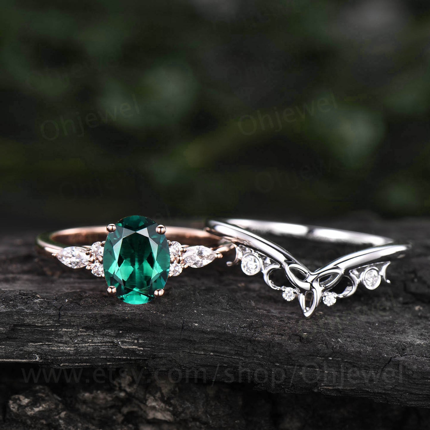 Art deco emerald engagement ring set vintage rose gold silver ring women Norse viking ring moissanite wedding set oval cut bridal ring set