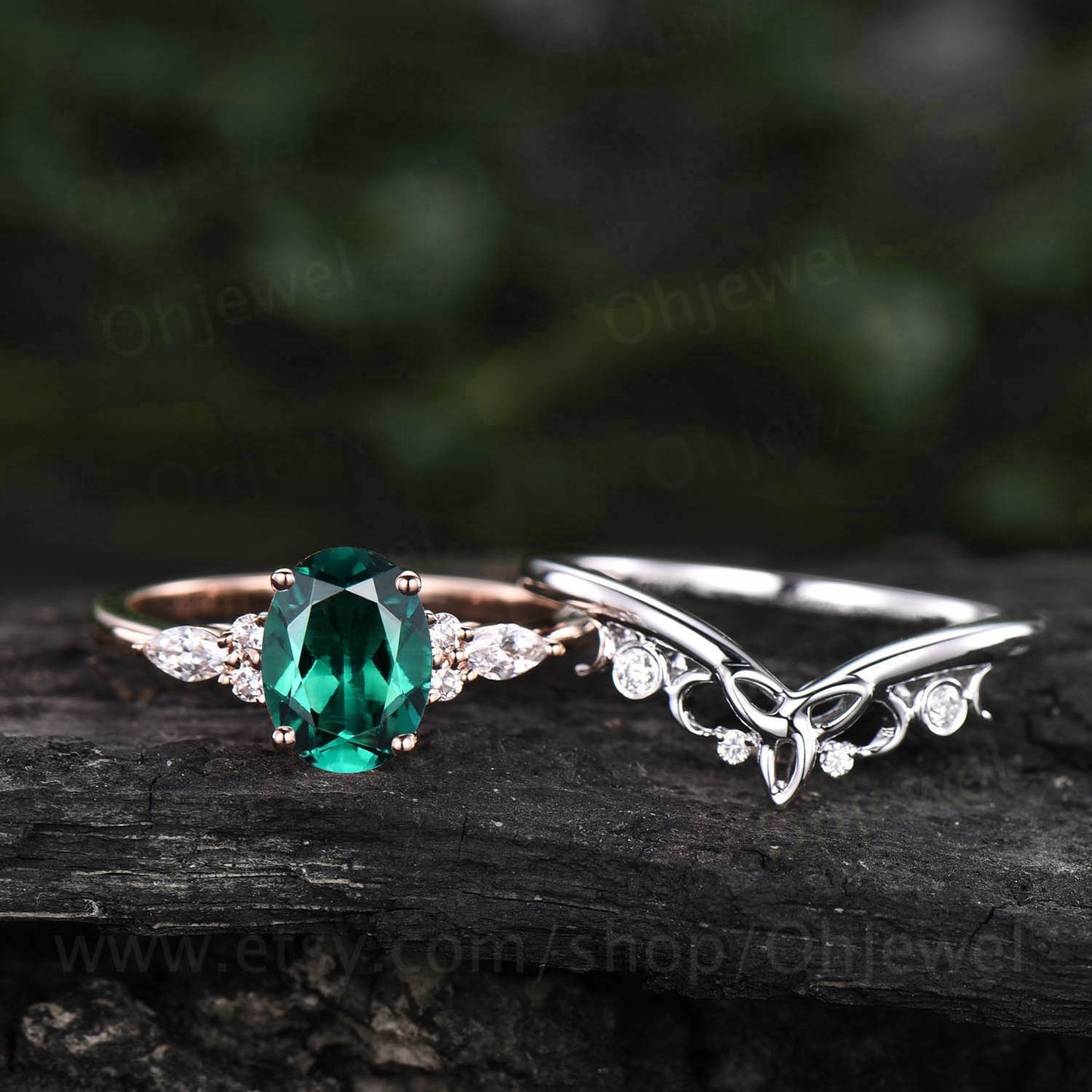 Vintage unique oval cut emerald engagement ring set 14k rose gold silver 7 stone moissanite wedding ring for women Norse viking ring Jewelry