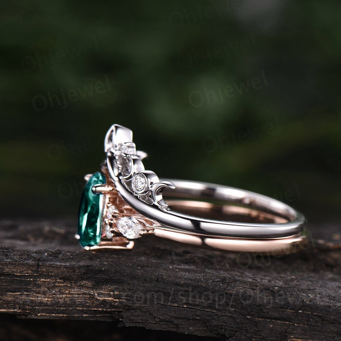 Art deco emerald engagement ring set vintage rose gold silver ring women Norse viking ring moissanite wedding set oval cut bridal ring set