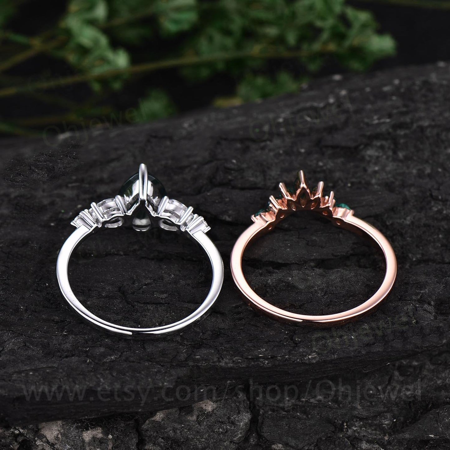 Vintage moss agate ring gold silver for women pear moss agate engagement ring set unique moissanite wedding set art deco emerald ring band